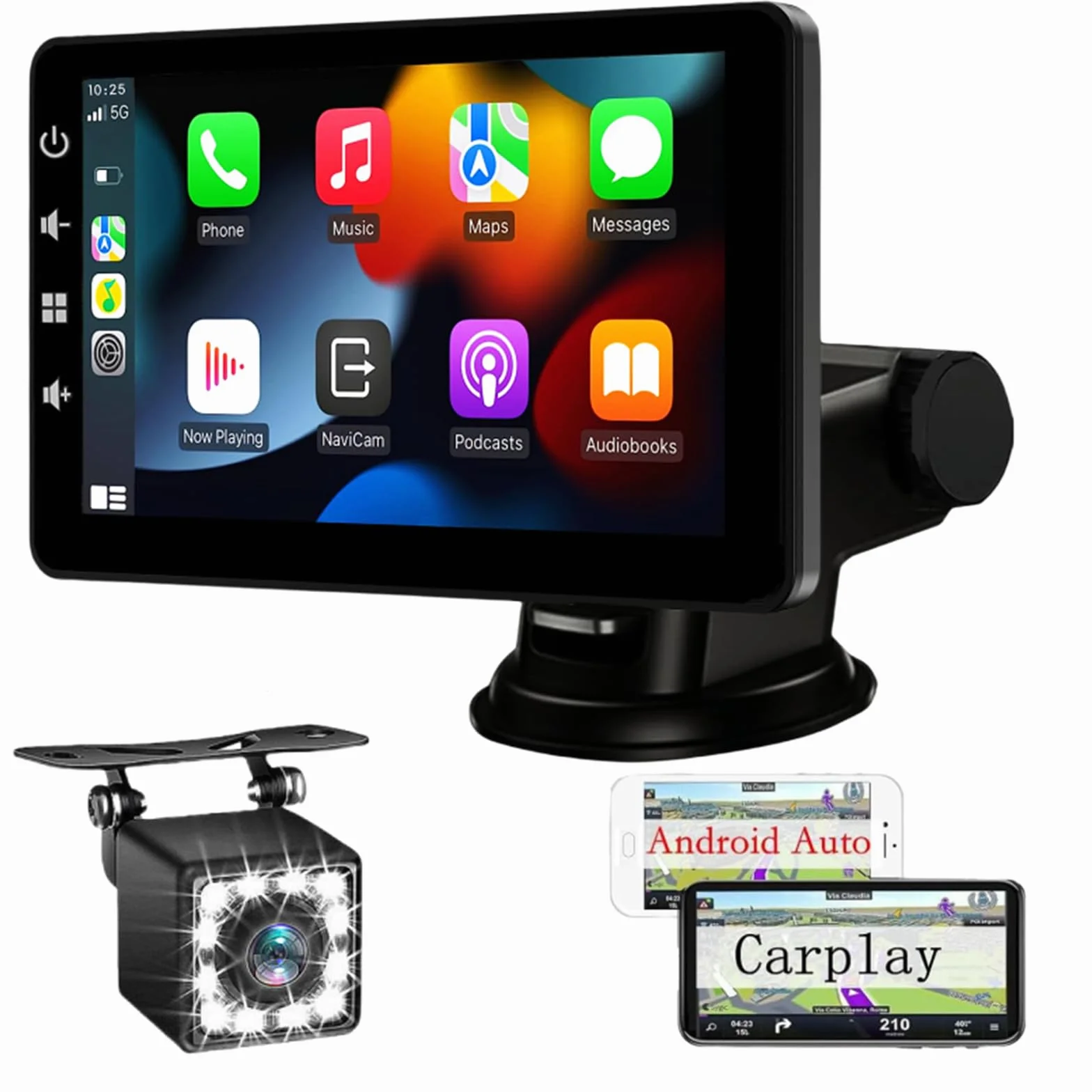 Pantalla Coche con CarPlay y Android Auto Inalámbrica - Pantalla Carplay de 7 Pulgadas con Mirror Link - Portátil Radio Coche con Asistencia de Voz/FM/AUX/Cámara Trasera