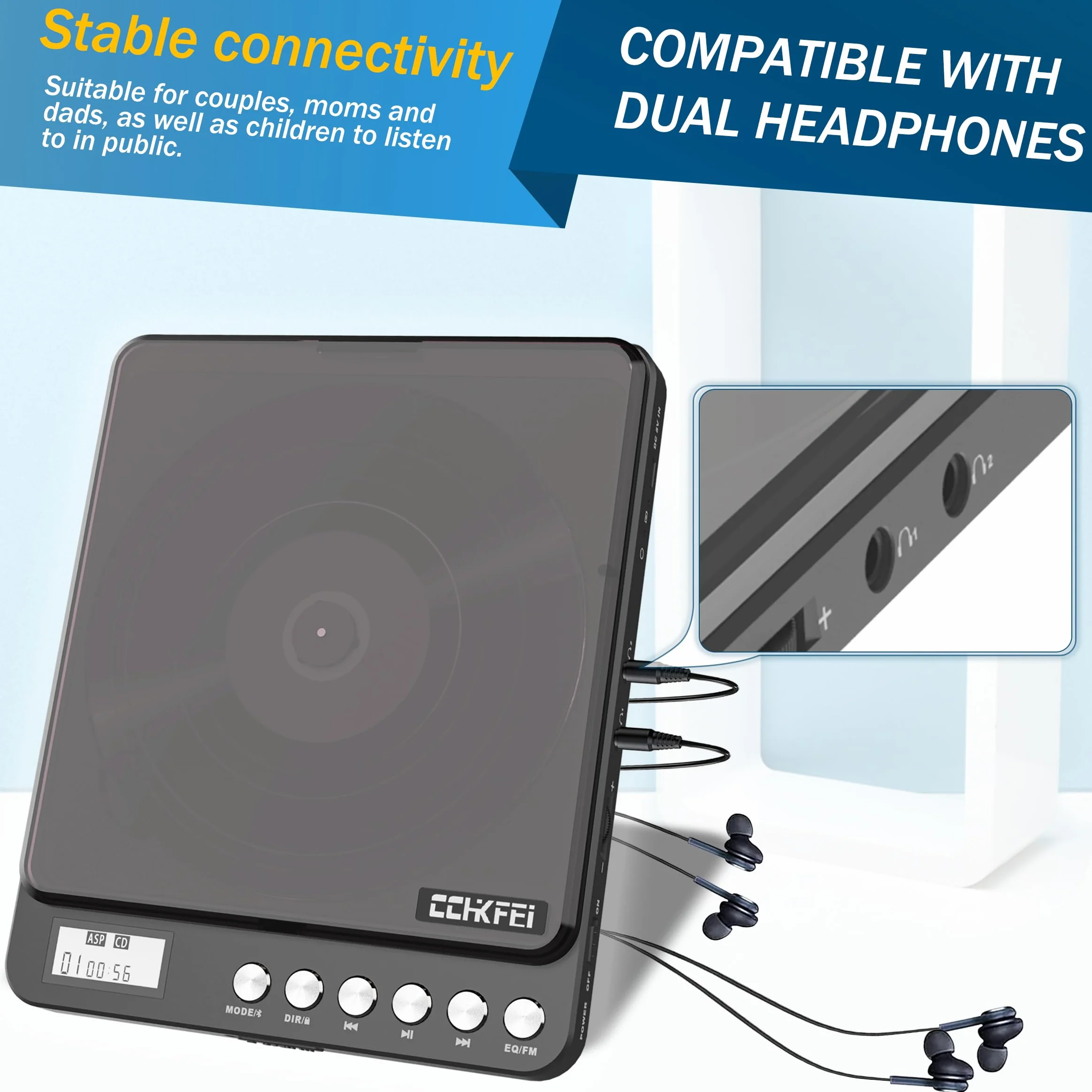 Reproductor de CD Portátil con Bluetooth 2000mAh Recargable Transmisor FM, Doble Jack 3.5mm para Coche