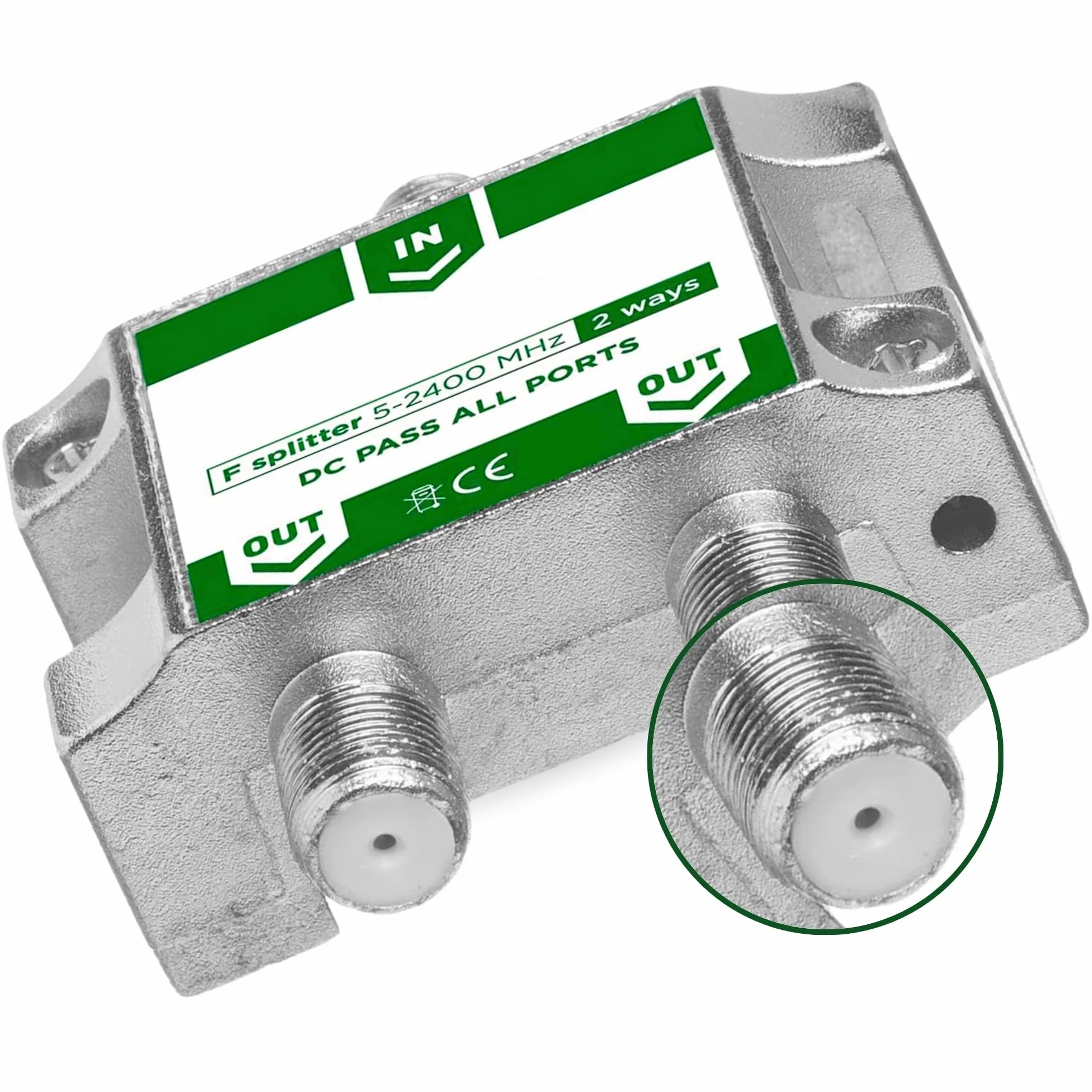 TECHZOCO Repartidor de 2 Salidas, Distribuidor 2 Salidas, Repartidor Serie Class A, 5-2400 MHz, Apto para Bandas de frecuencia Dab, FI, FM, UHF, VHF, Incluye 3 Conectores F, 2 Salidas