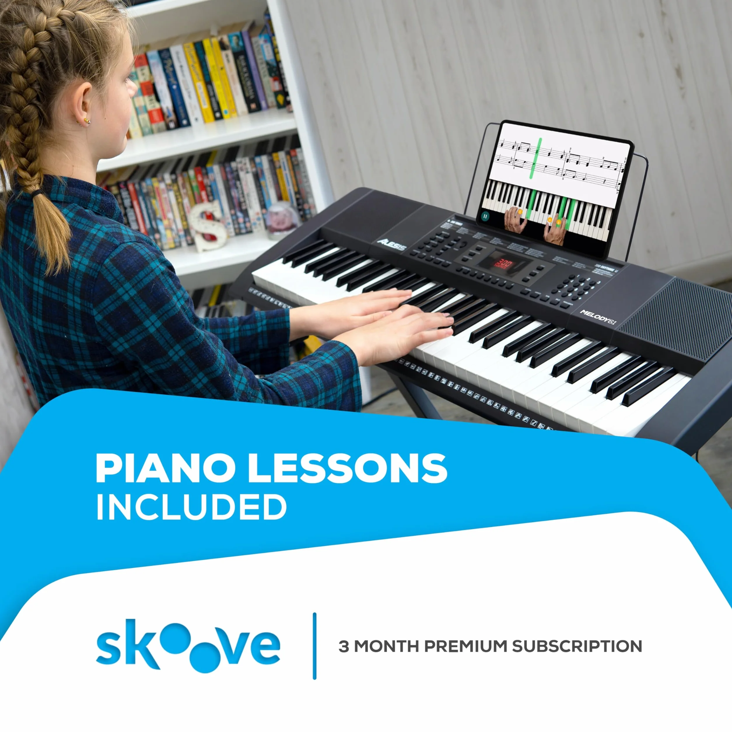 Alesis Melody 61 - Teclado de piano electrico para principiantes con altavoces, soporte, banqueta, auriculares, micrófono, atril, 300 sonidos y lecciones de música, Modelo Antiguo