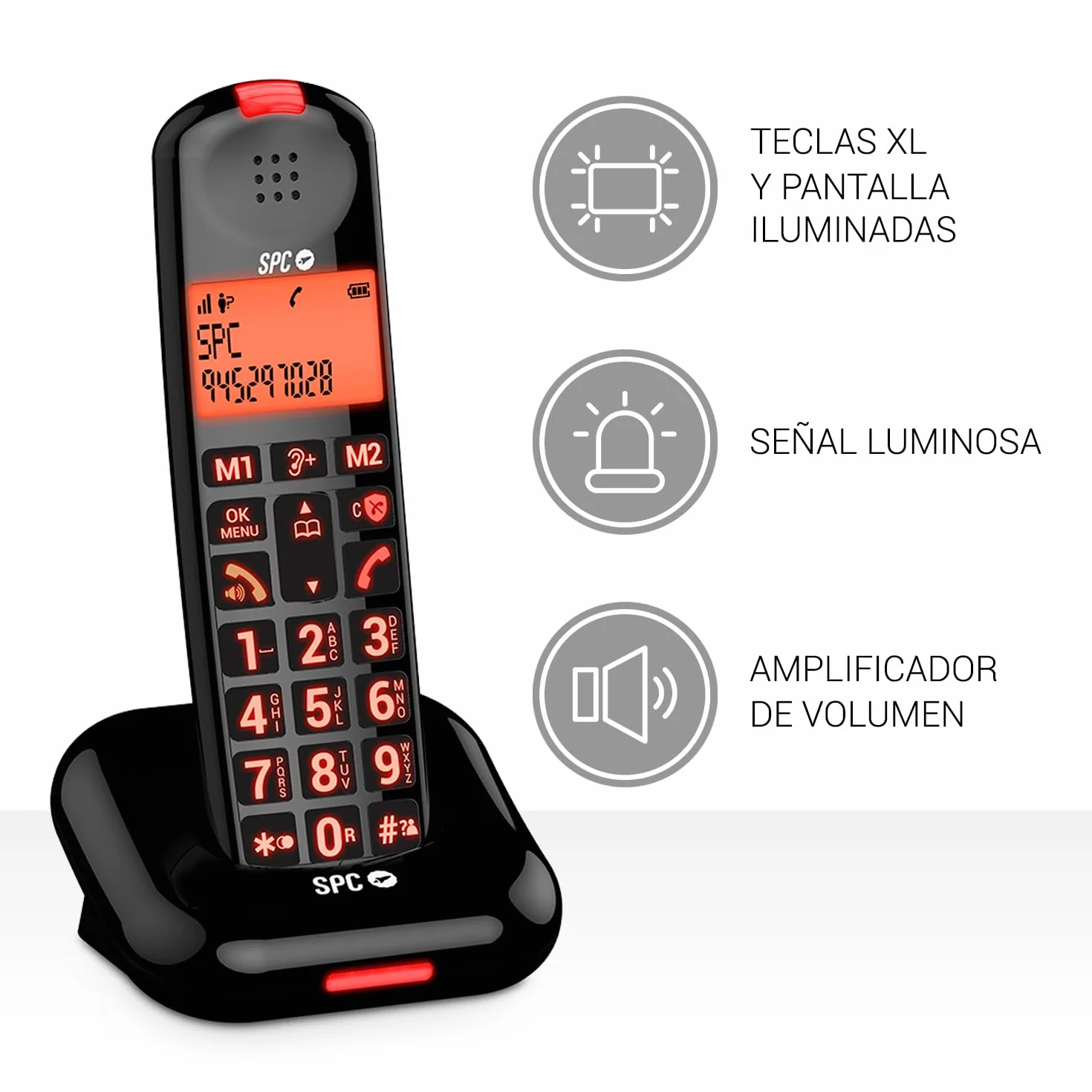 SPC Comfort Kairo - Teléfono inalámbrico para Personas Mayores con Teclas Grandes, Sonido extramplificado, Compatible audífonos, función Bloqueo Llamada, señal Luminosa y 2 memorias directas – Negro
