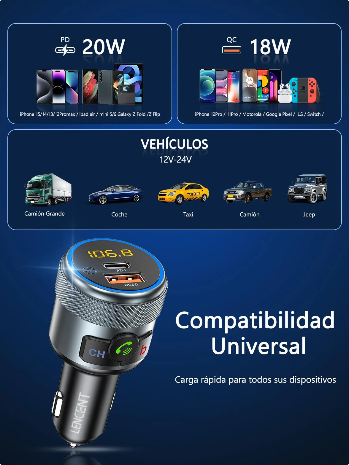 LENCENT Transmisor FM Bluetooth 5.1 Manos Libres Coche Adaptador Radio con Carga Rápida PD 20W QC3.0 18W