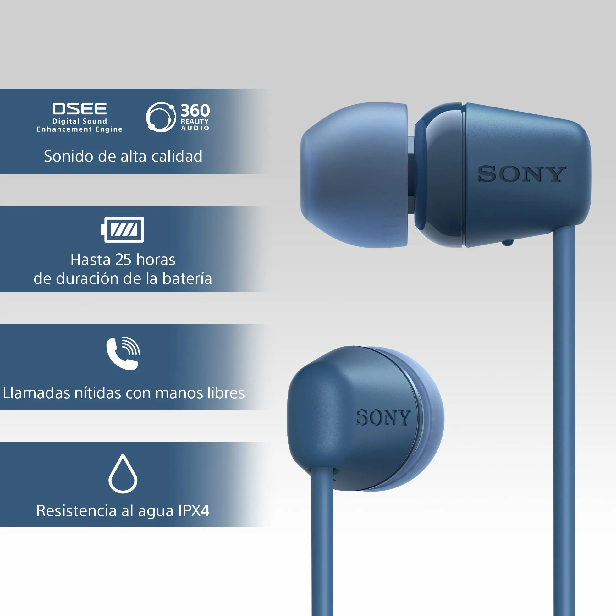 Sony WI-C100 Auriculares Inalámbricos Bluetooth, 25 Horas Batería, Micrófono Incorporado, Azul