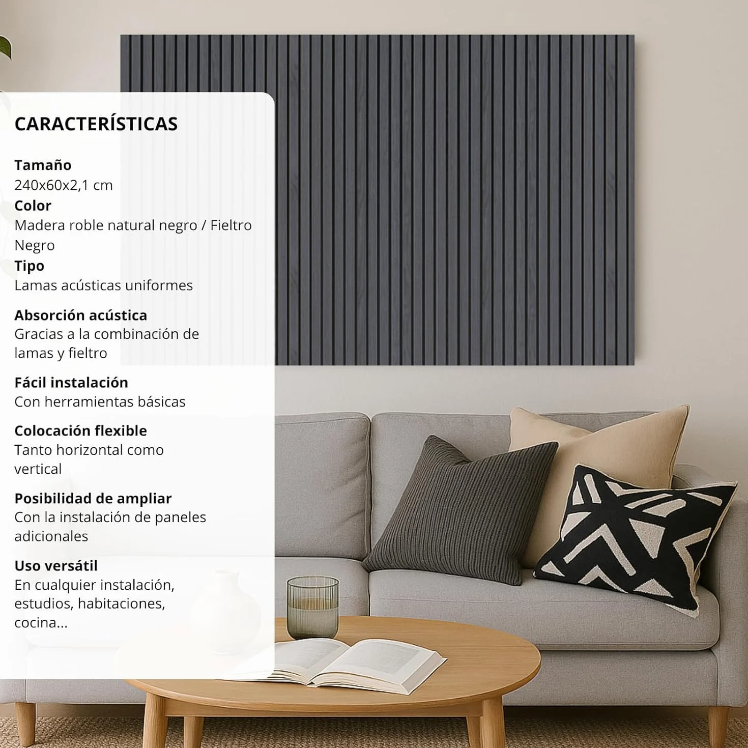 MasquePack - Panel Acústico Decorativo de Madera – Absorción de Sonido, Ideal para Paredes – Varios Tamaños, (Madera Roble Negro Regular/Fieltro Negro, Set x2-240x60)