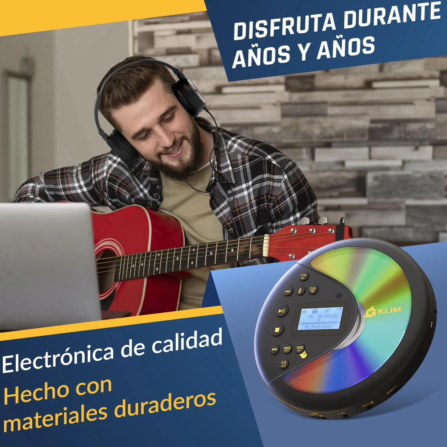 Klim Discover Reproductor CD Portátil Discman Radio FM Bluetooth MP3 SD Batería Larga Negro/Dorado