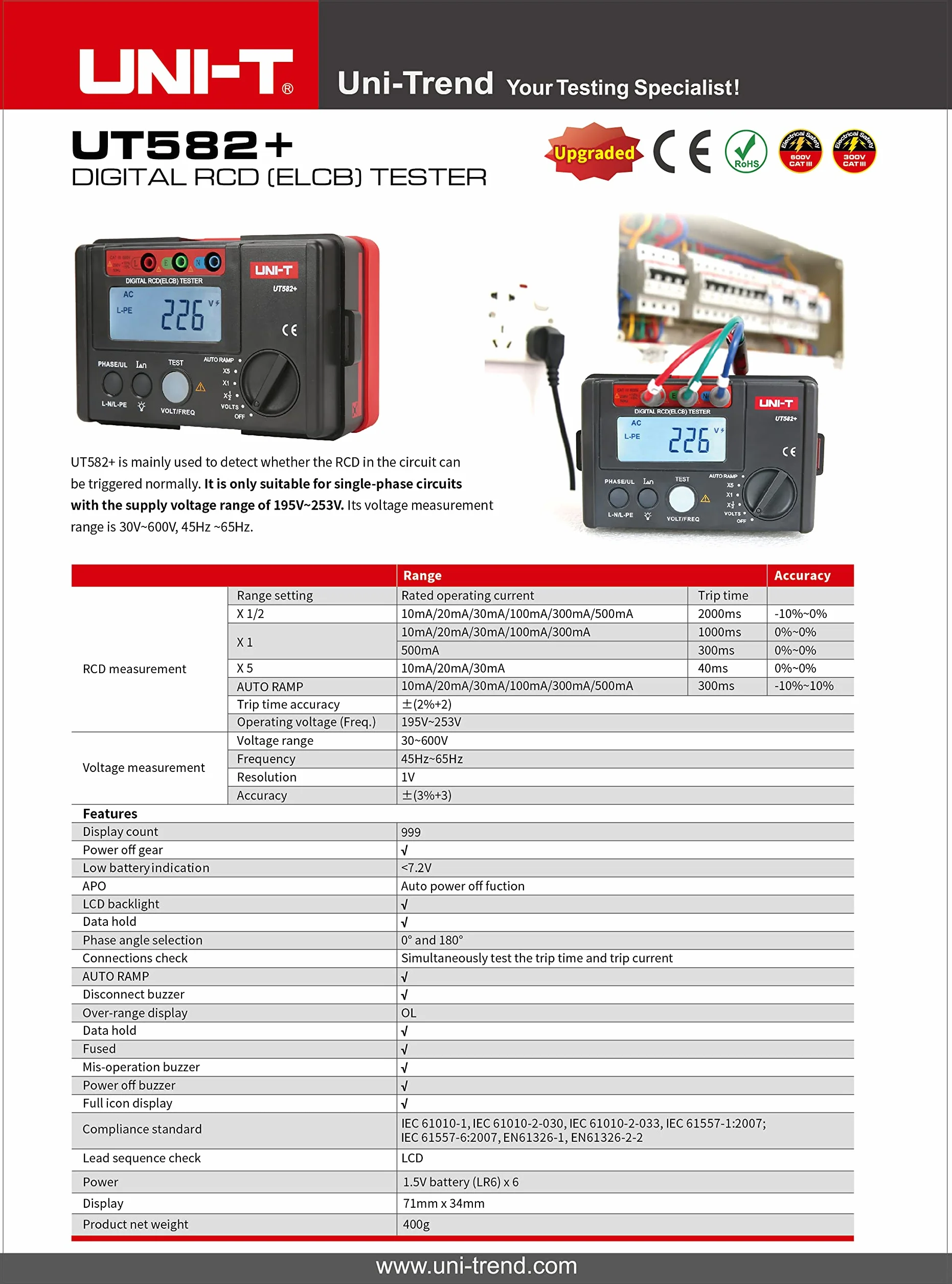UNI-T UT582+ Digital RCD (ELCB) Tester AUTO RAMP Leakage Circuit Breaker Meter with Mis-Operation Buzzer