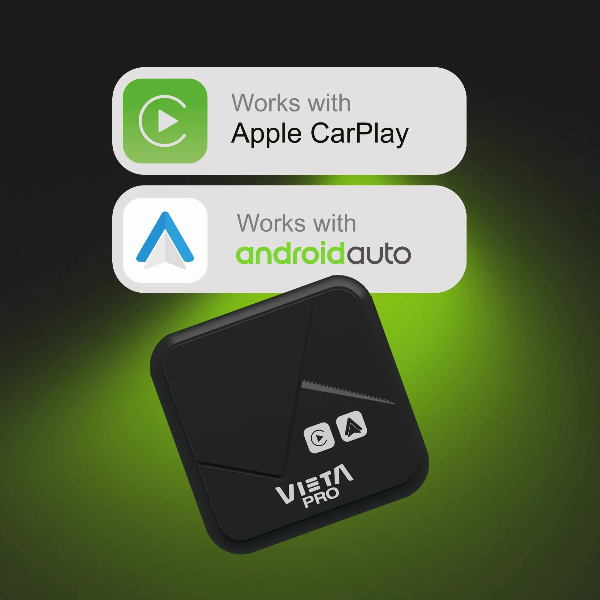 Vieta Pro | Adaptador CarPlay Inalámbrico y Android Auto para Coche sin Cables. Transformador Bluetooth 5.2, USB-C y WiFi para conectar el iPhone o el Smartphone sin Cables al vehículo | AirDrive