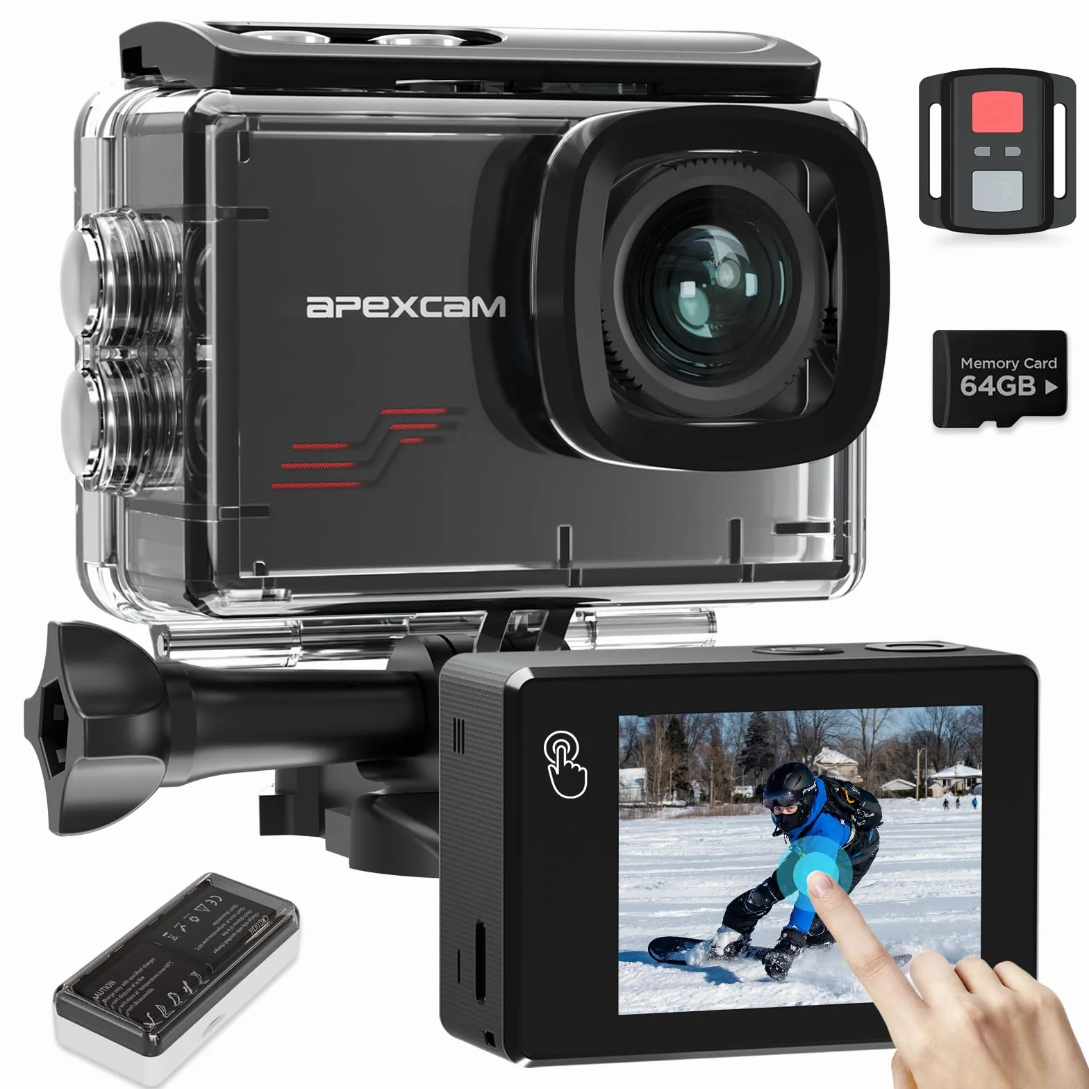 Apexcam M80PRO Cámara Deportiva con Pantalla táctile 4K 48MP Cámara de Acción con 64G Tarjeta Cámara Subacuática Impermeable 40M con 8X Zoom y 2 * 1350 Baterías Kit Accesorios