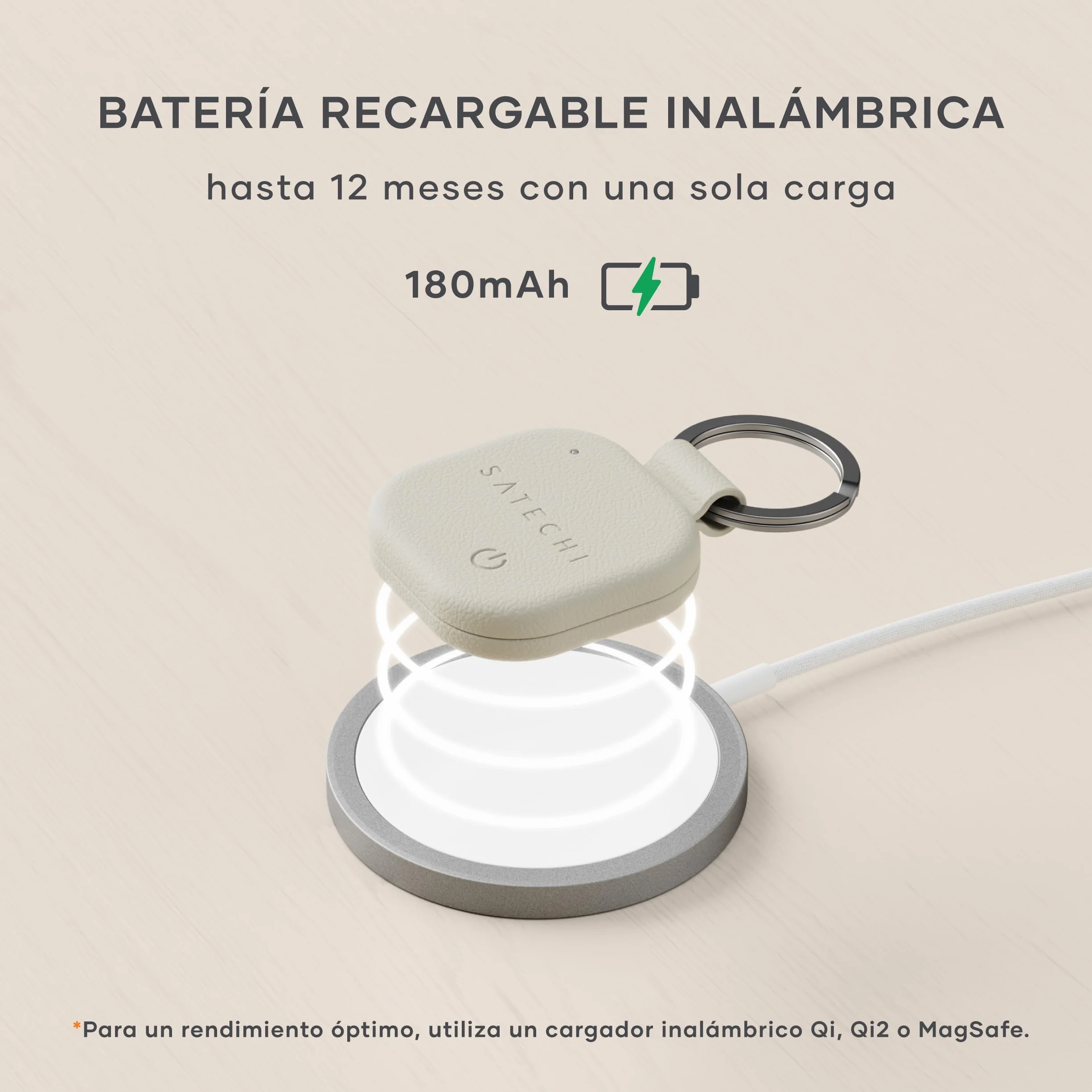 SATECHI FindAll Buscador de Llaves con Apple Find My, Carga Inalámbrica, Alerta de Olvido con Sonido Potente, Llavero GPS Localizador de Llaves para iPhone, iPad, Mac y más – Beige