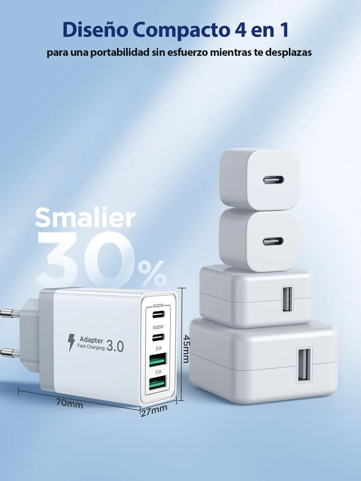 Aioneus Cargador USB C 40W 4 Puertos Carga Rápida QC+PD Pared Adaptador Tipo C para iPhone iPad Samsung