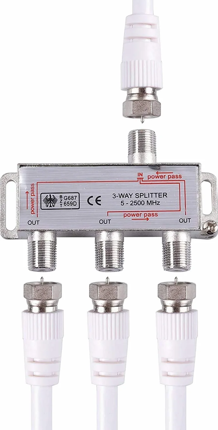 RUNCCI-YUN 3 vías TV Splitter Antena TV Cable de Banda Ancha Splitter Kit 1 Entrada 3 Salida Macho a Hembra Cable Coaxial Adaptador de Divisor con Cable Coaxial de 2 * 1,5 m Cable