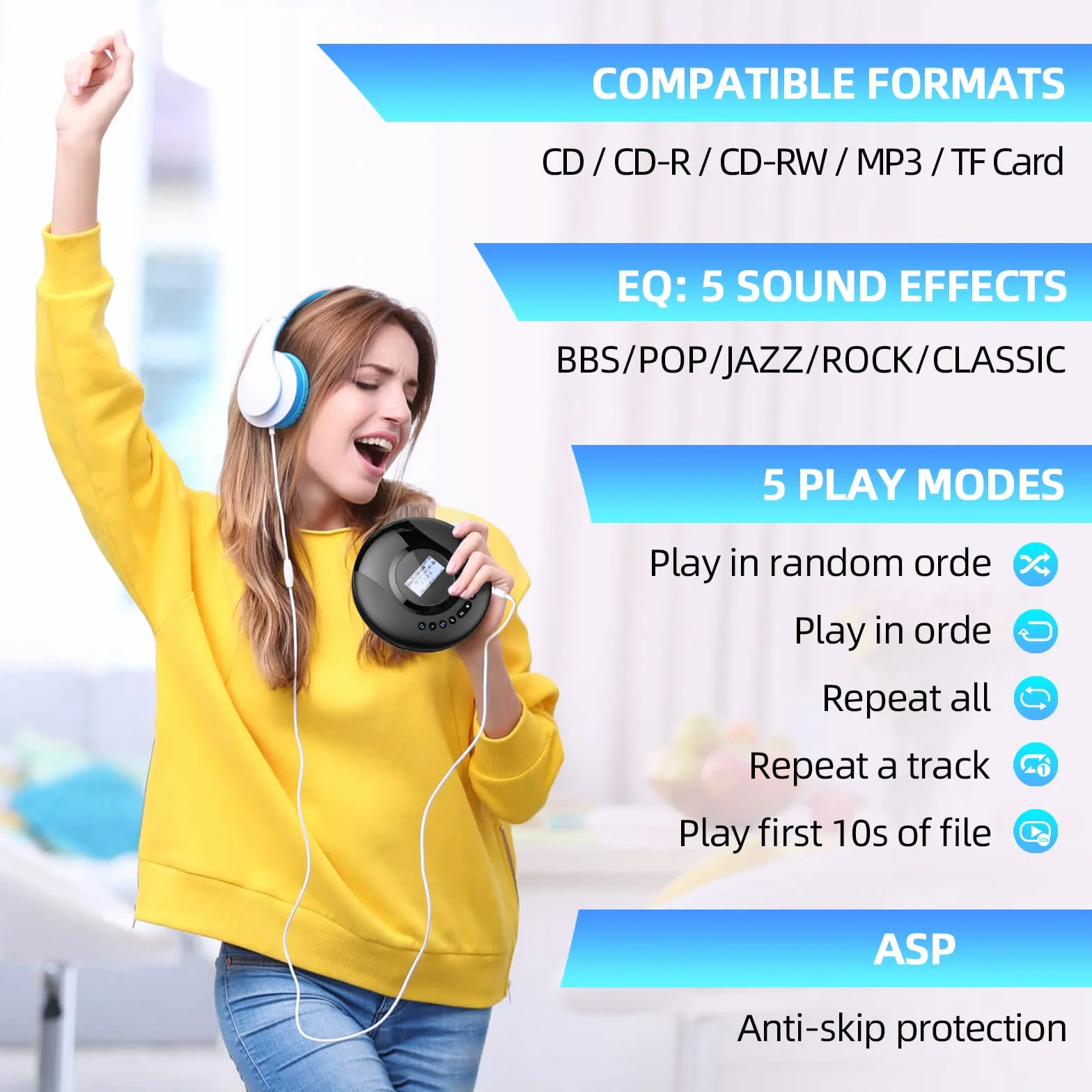 Arafuna Reproductor de CD portátil, Reproductor CD Bluetooth para Coche y niños, Discman CD portatil Recargable de 2000 mAh, protección a Prueba de Golpes, Radio FM, Tomas de Auriculares duales
