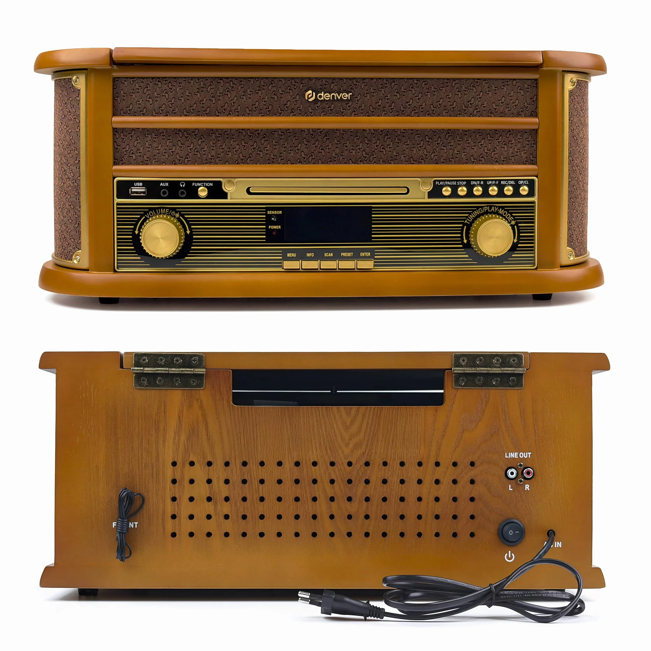 Denver MRD-51 Cadena Musical Retro Madera, Tocadiscos, CD, Casete, Dab+/FM, USB, grabación a USB, Altavoces Integrados