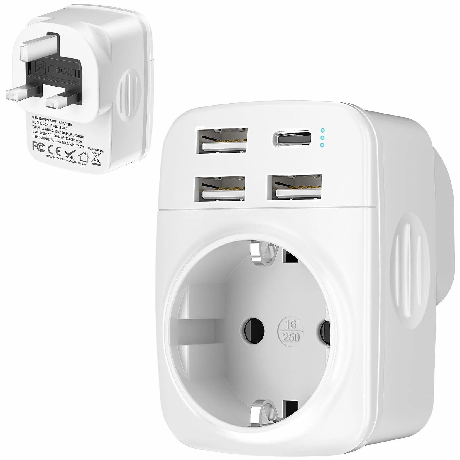 Hoppac 5 en 1 Adaptador Enchufe UK Tipo G con 3 USB A y 1 USB C para Viajes