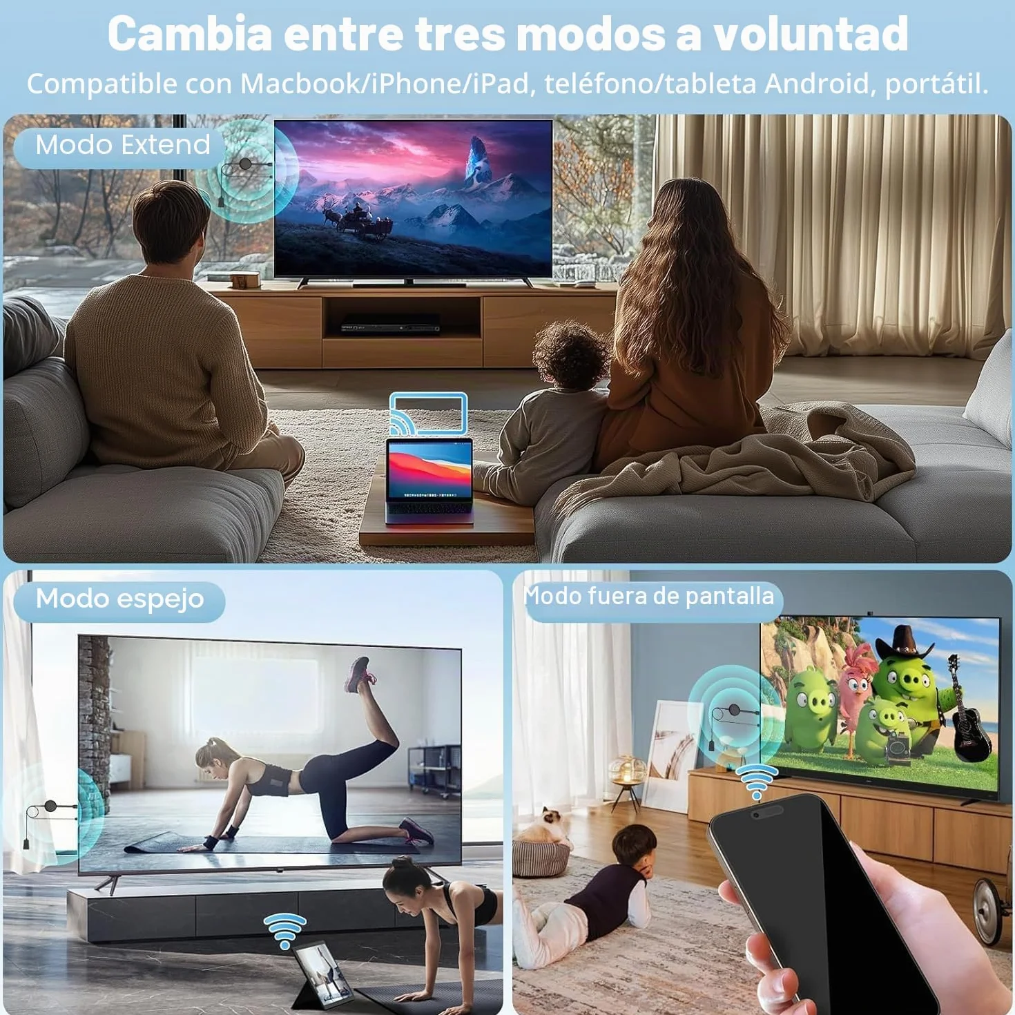 Miracast Wireless HDMI Dongle Adapter, Receptor Screen Mirroring para iOS/Android/Windows/macOS/Laptop/Tablet a TV/Monitor/Proyector, HDMI Extender Compatible con AirPlay, Miracast, DLNA