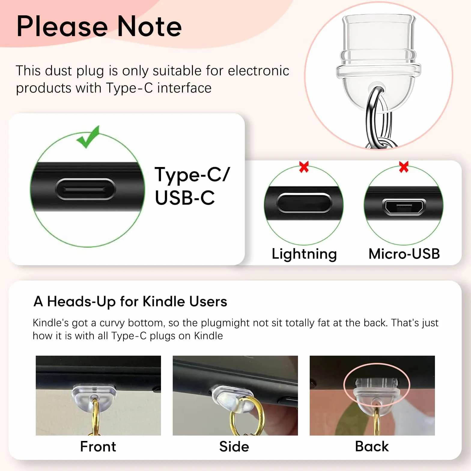 VelvetGlow 4 Piezas Charms Protector Polvo Lazo Rosa Compatible E-Reader Kindle iPad Puerto Carga Tipo C USB C