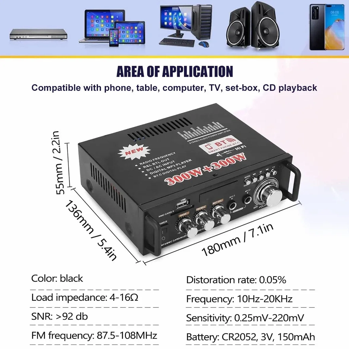 Amplificador Audio HiFi 600W con Bluetooth 5.0, 12V 220V 2 Canales, Pantalla LCD, Alta Fidelidad, Radio FM Portátil, SD Card/USB Input, para Hogar o Coche