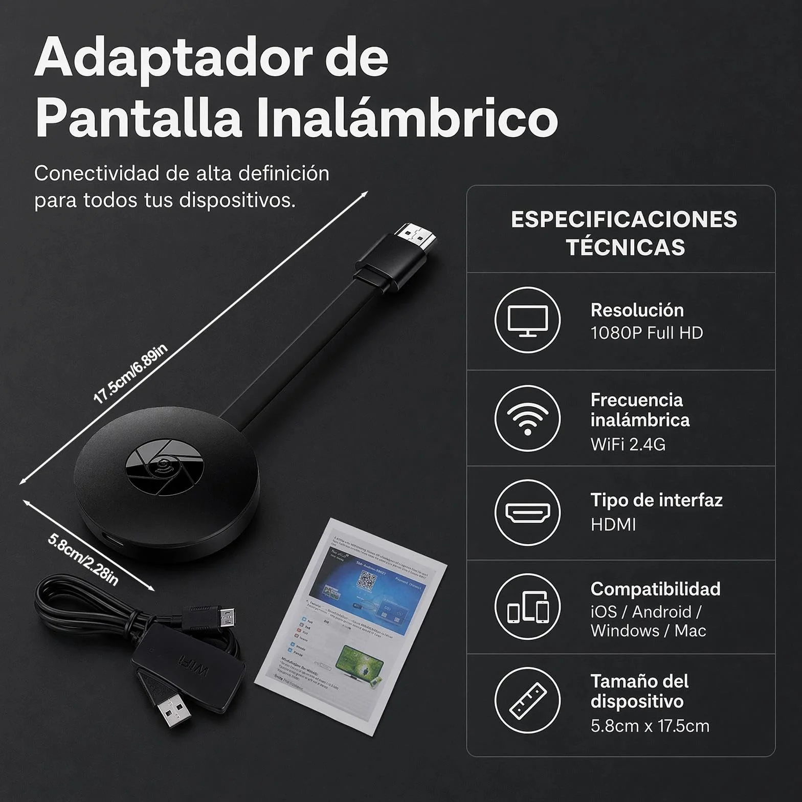Adaptador De Pantalla Inalámbrico, 1080P para TV Proyector Monitor Receptor Duplicacion Pantalla Miracast Airplay Dlna Streaming iPhone Android PC No Google/Netflix (Menu En Español)