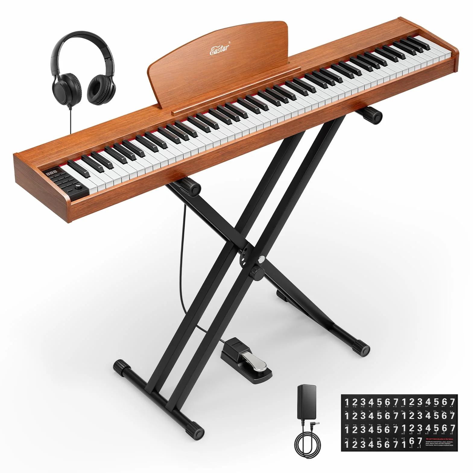 Eastar EP-80 Teclado de Piano de 88 Teclas,Piano Eléctrico de Tamaño Completo con Teclas Sensibles a la Velocidad,Paquete de Piano Digital Portátil para Principiantes con Soporte,Pedal y Atril,Marrón
