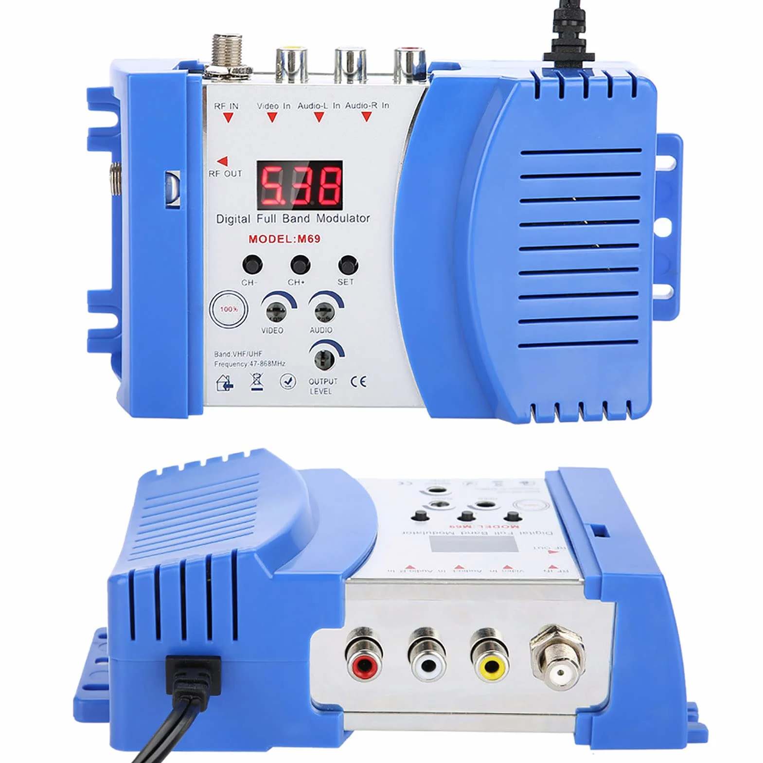 Modulador RF, Modulador M69L para TV Doméstica, Convertidor de Señal AV a RF, Adaptador de Frecuncia Dual VHF y UHF, Conversor con Salidas Ajustables, Compatible con Todos los Sistemas CATV(Plug UE.)