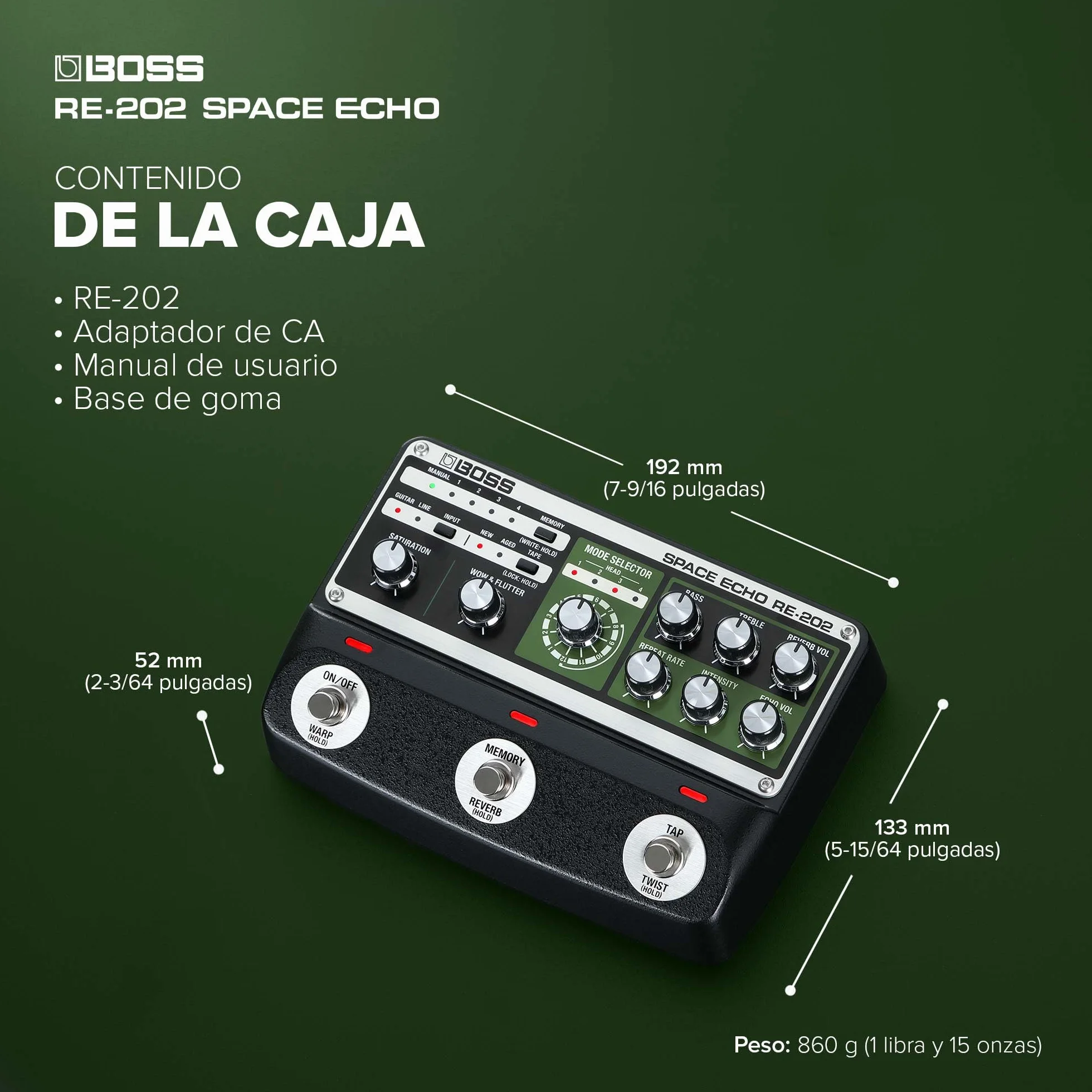 BOSS RE-202 SPACE ECHO – Pedal de efectos de cinta de eco, delay y reverb. Moderna recreación avanzada del mítico Roland RE-201 Space Echo. Estéreo verdadero. Reverb de muelles verdadera.