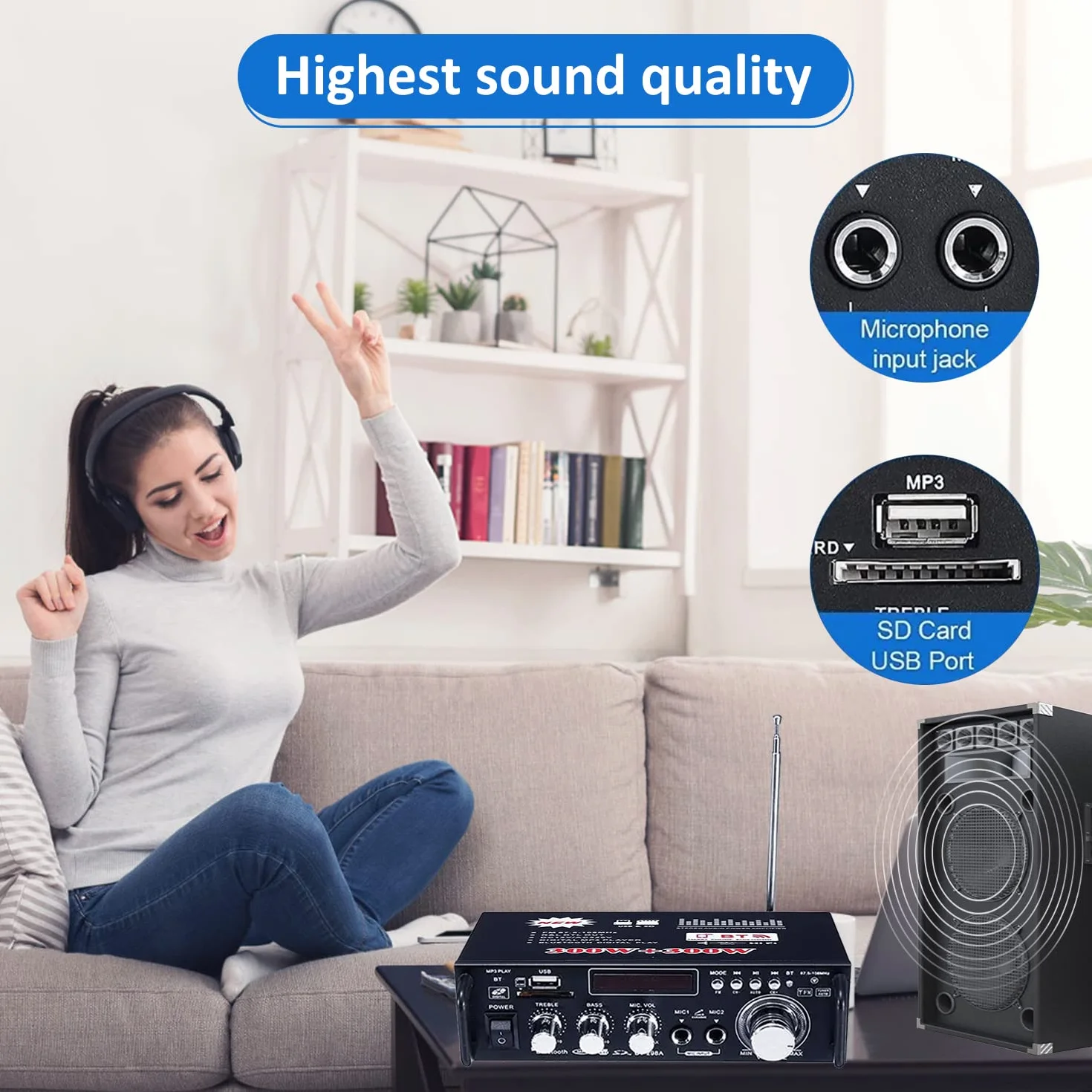 Amplificador Audio HiFi 600W con Bluetooth 5.0, 12V 220V 2 Canales, Pantalla LCD, Alta Fidelidad, Radio FM Portátil, SD Card/USB Input, para Hogar o Coche
