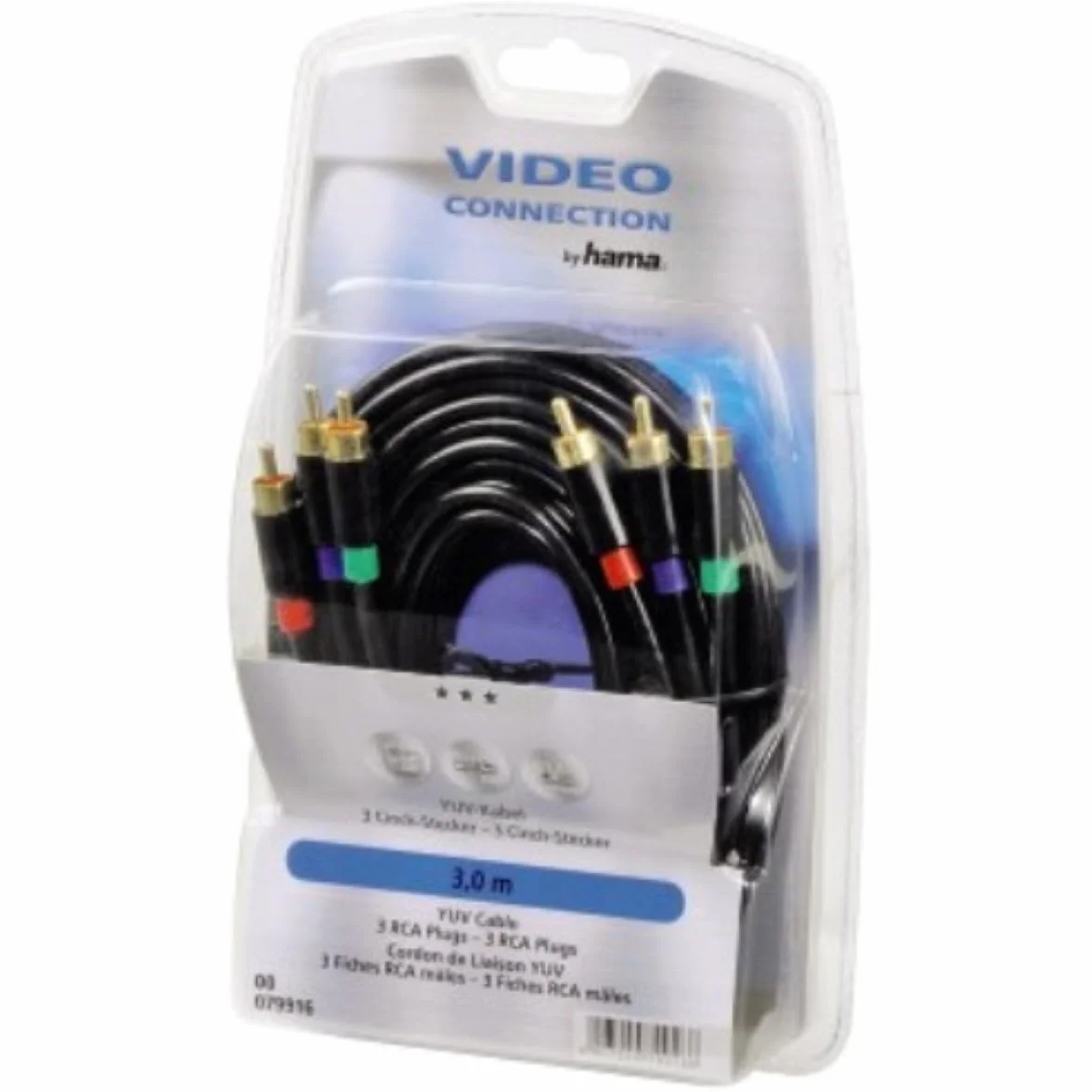 Hama 00079916 componente (YPbPr) cable de vídeo 3 m 3 x RCA Negro - Componentes (ypbpr) cables de vídeo (3 m, 3 x RCA, Oro, Negro, Macho/Hembra)