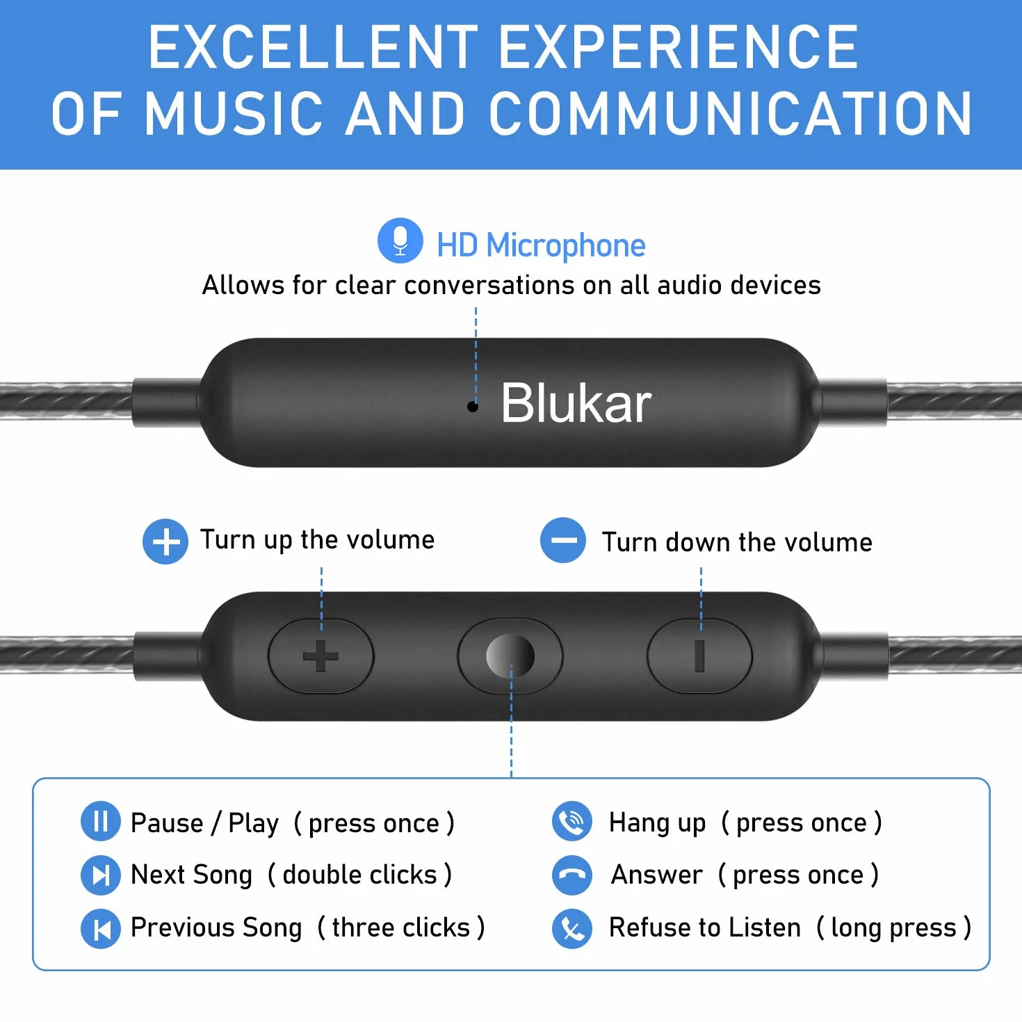 Blukar Auriculares In Ear, Auriculares con Micrófono y Cable Cómodo | Reducción, Ruido Sonido Estéreo Control de Volumen, Todos los Dispositivos de Headphones de 3.5mm