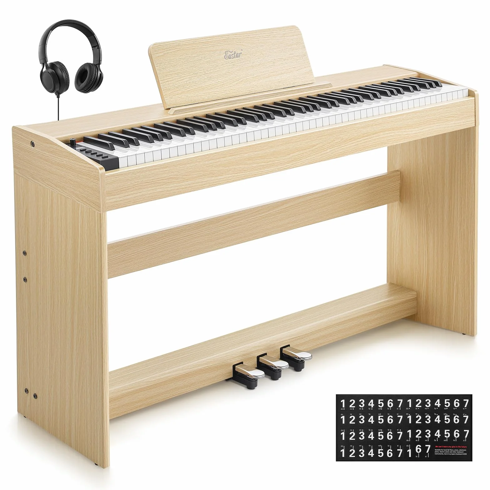 Eastar EUP-110 Piano Digital 88 Teclas Contrapesadas, Piano Eléctrico para Principiantes, con Auriculares, Pegatinas Musicales, Pantalla, 3 Pedales, Conexión Inalámbrica, Grabación - Madera Clara