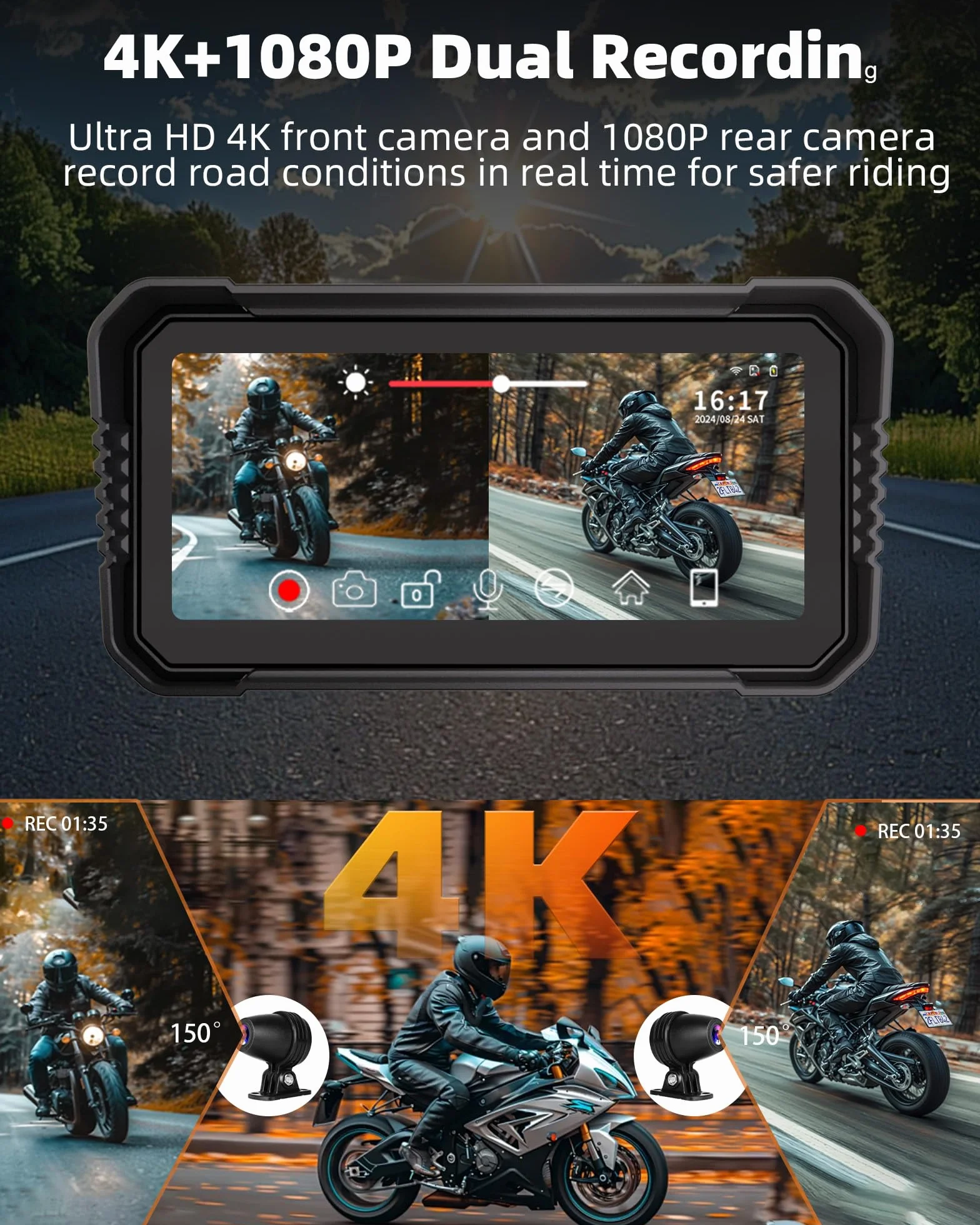 4K Carplay Moto Android Auto GPS Moto Navegador con dashcam Delantera Trasera, 6,25 Pulgadas Pantalla Moto TáCtil IP67 Impermeable Doble Bluetooth Siri/Goo.gle Assistant