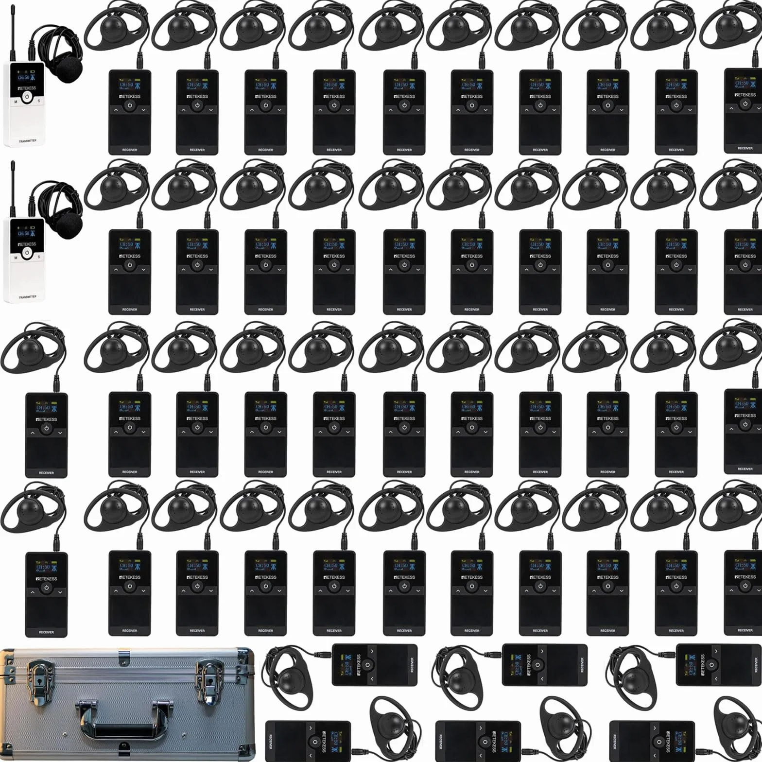 Retekess TT116 Sistema Inalámbrico de Guía Turística, Tour Guide System, 200m, Reducción de Ruido, Sistema de Traducción de la Iglesia para Turismo, Fábricas (2 Transmisores y 48 Receptores, 1 Carga)