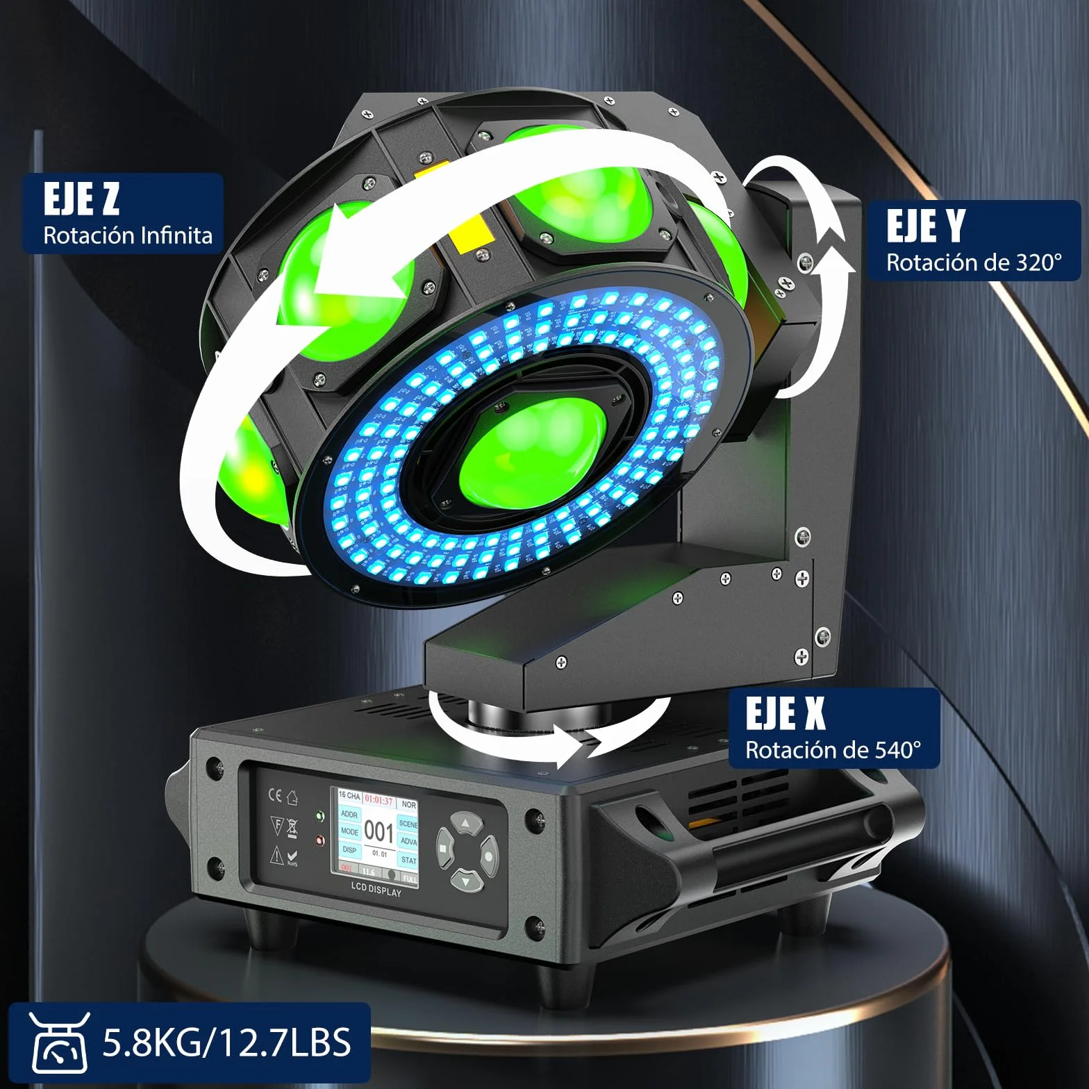 Cabeza Movil LED 200W RGBW Beam Luces Discoteca 3 axis Rotación infinita Foco de escenario 19CH/25CH Control de sonido para Halloween DJ bar cumpleaños discoteca