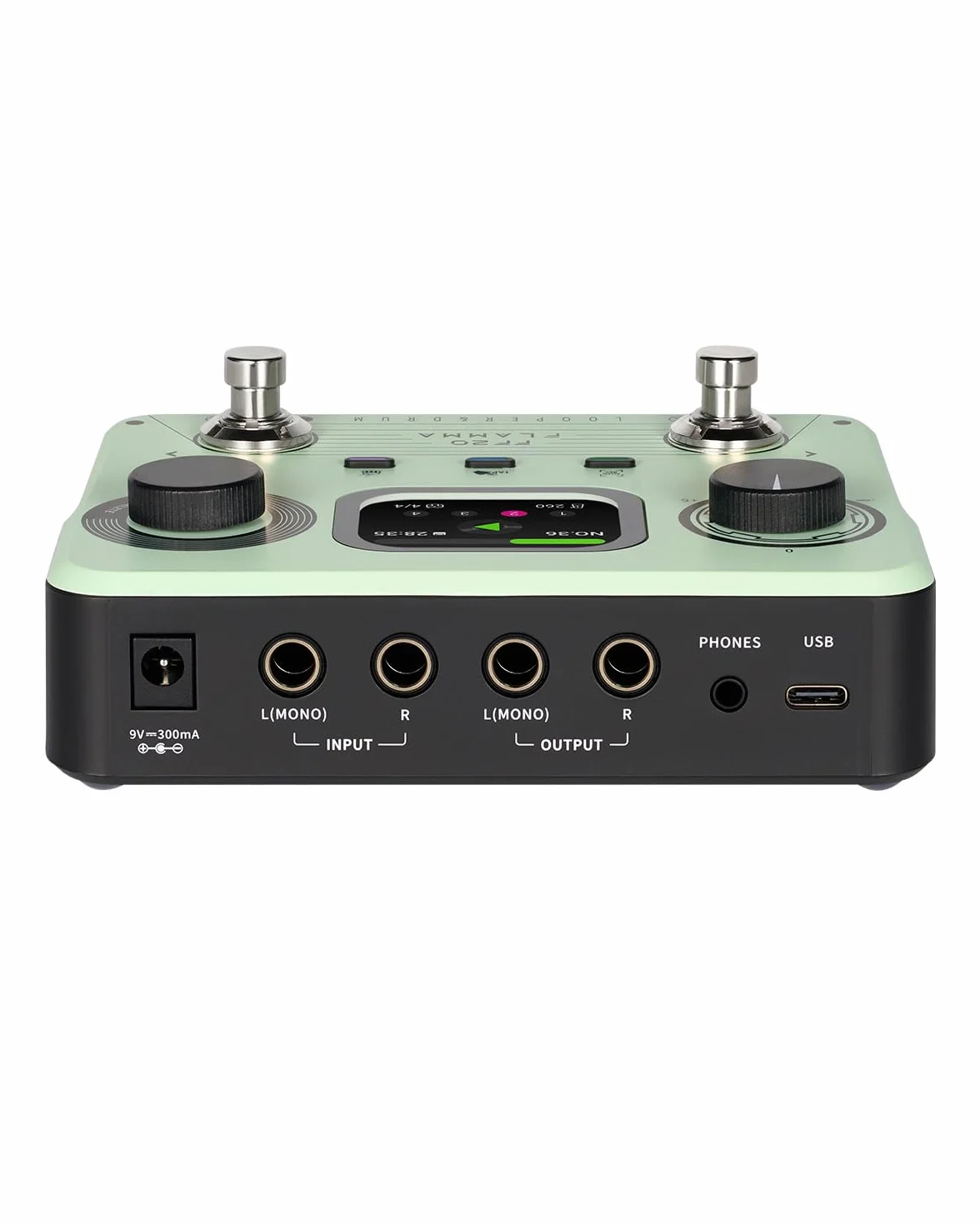 FLAMMA FF20 Looper Pedal Drum Machine, pedal de guitarra con pantalla, grabación de 300 minutos, 220 ranuras de tambor, 100 ranuras de bucle, estiramiento de tiempo, grabación automática, USB y salida