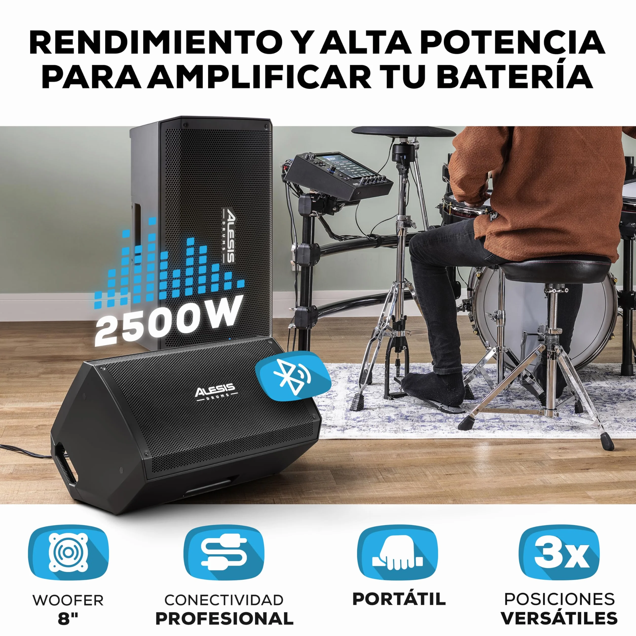 Alesis Strike Amp 12 MK2 - Altavoz Amplificador de 2500W para batería electrónica con Bluetooth, woofer 12", conmutador EQ HPF y conmutador Ground-Lift