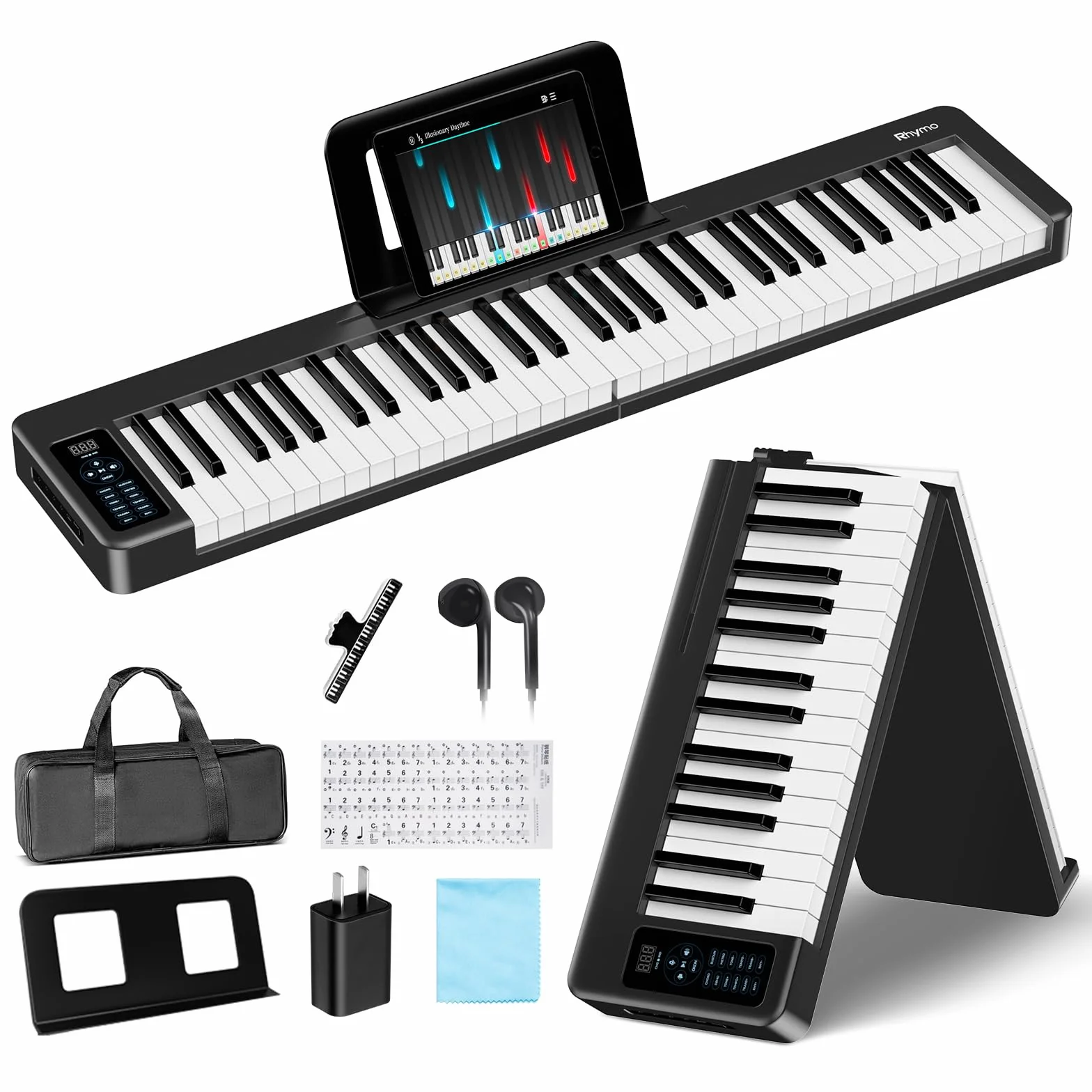 Rhymo Teclado Piano Plegable, 61 Teclas Piano Eléctrico Sensible, Teclado Eléctrico Portátil Contrapesado con Bluetooth MIDI, Teclado Digital Plegable para Principiantes, Viajar