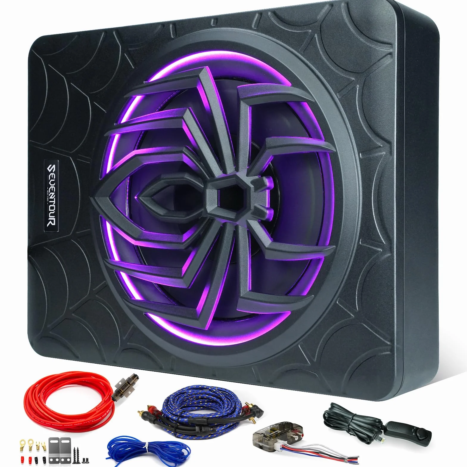 Seventour Subwoofer delgado para debajo del asiento de 10 pulgadas y 1000 W para debajo del asiento, subwoofer de audio para coche/camión, paquete de amplificador integrado, con luz LED (subwoofer +