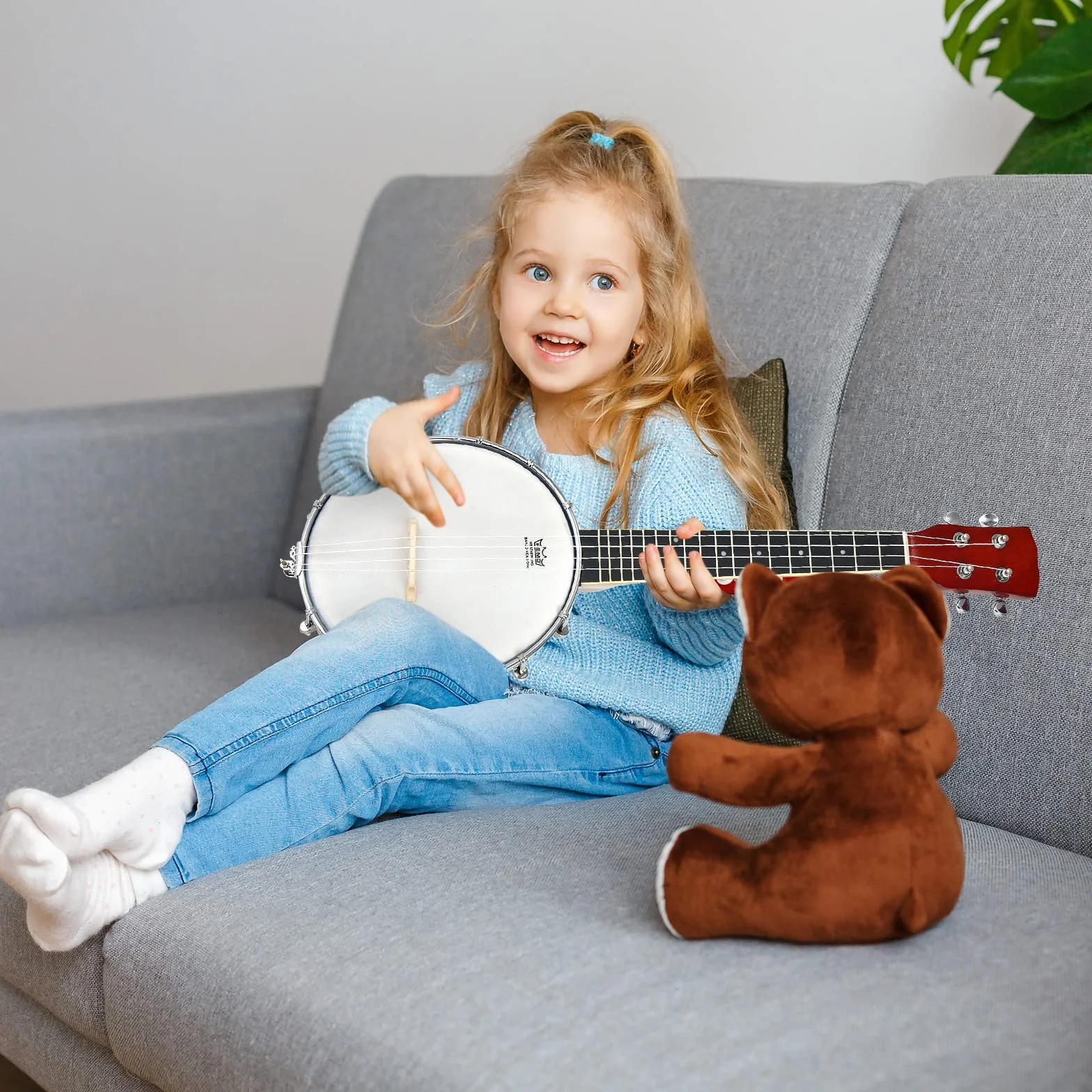 RELAX4LIFE Banjo de 4 cuerdas y 12 soportes portátil con bolsa, parte trasera sólida y cerrada y remo tambor, kit pequeño ukelele banjo de 62,5 cm, para niños, adultos, principiantes
