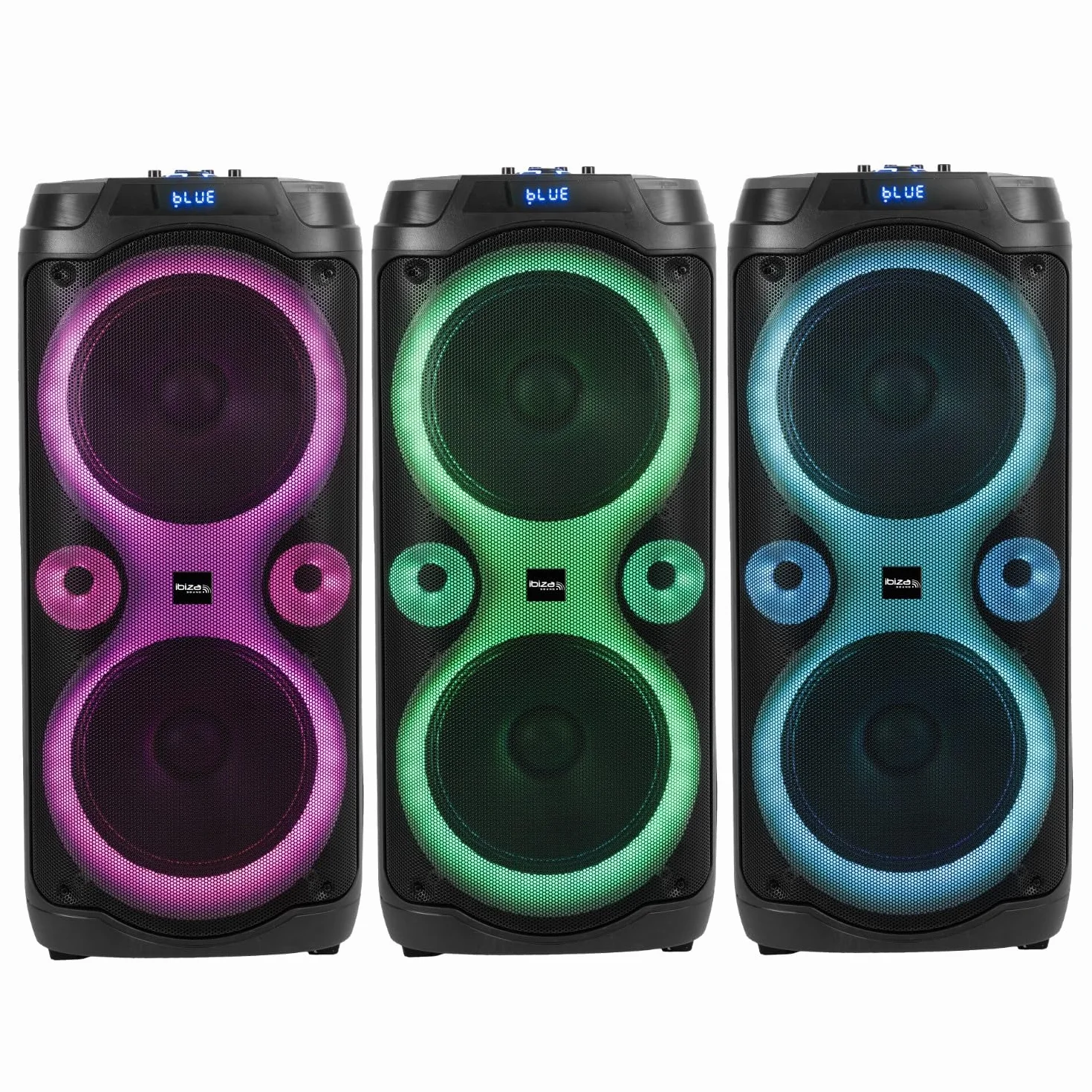 Ibiza Sound - Pack de altavoz Karaoke (1000 W, Bluetooth TWS, 1000 W, 2 micrófonos inalámbricos, 2 efectos de luz giratoria, noche