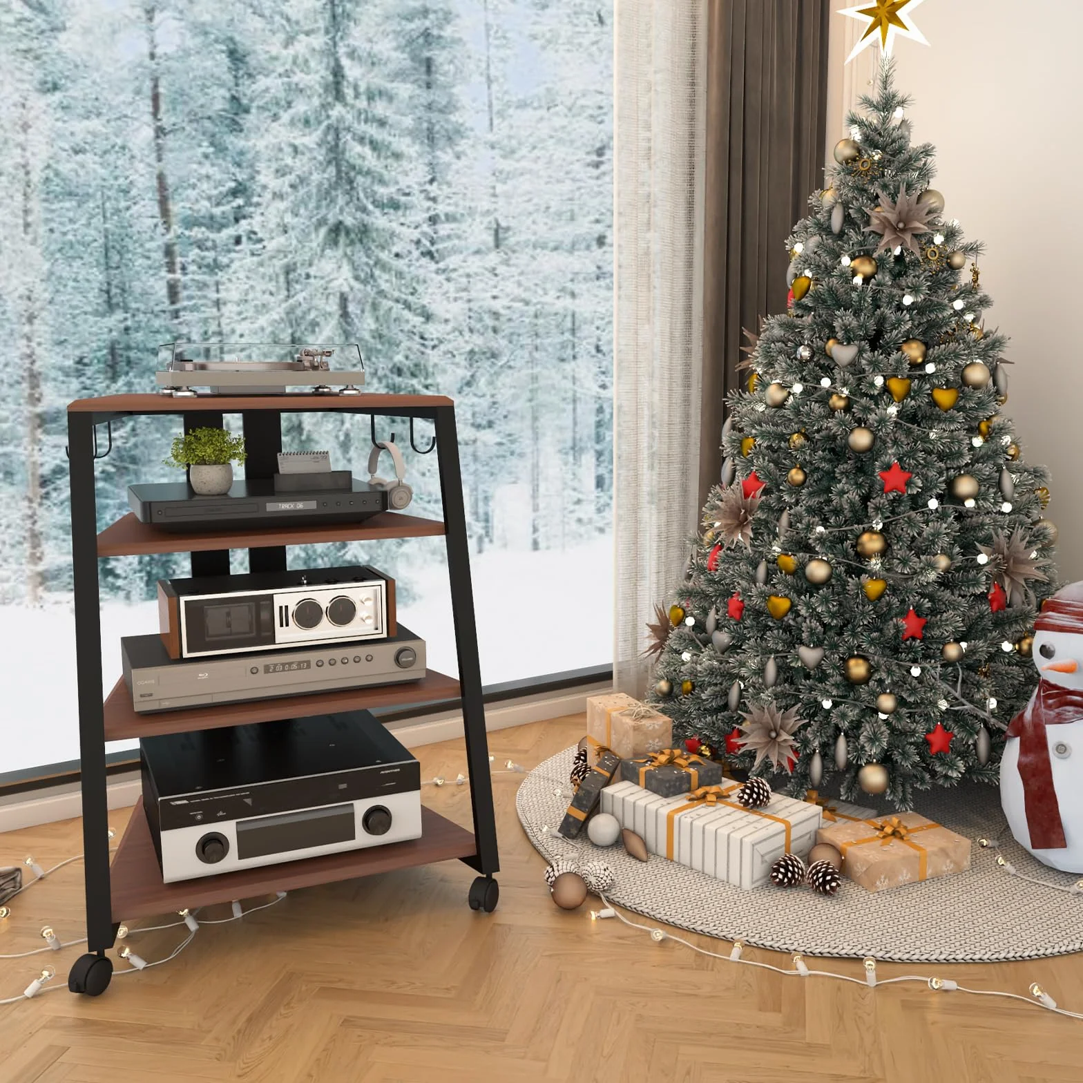 AIMEZO Mueble HiFi Estanteria HiFi para Equipo de Música con Soporte para Micrófono, Soporte Tocadiscos de Vinilo, Estantería HiFi para Sistemas de Audio, Marrón