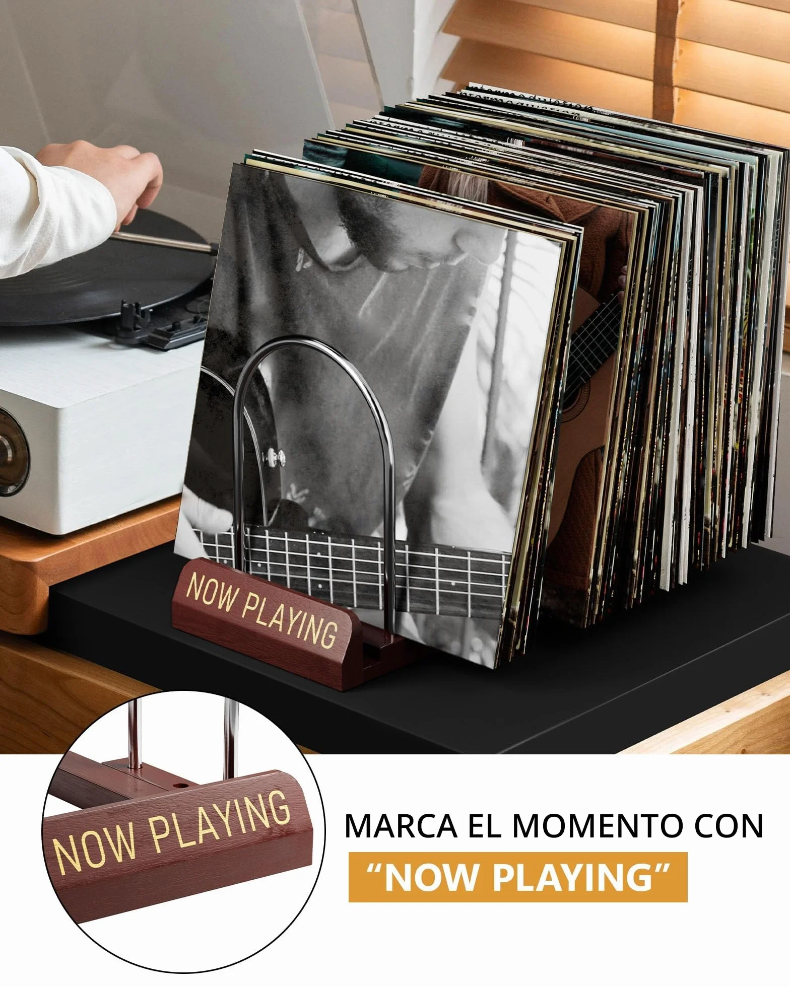 BS-VOG Soporte Vinilos, Expositor Discos Vinilo Extensible 30-70 LP, “Now Playing”, Estante Madera & Metal, Soporte Estable Para Decoración Hogar & Amantes Música