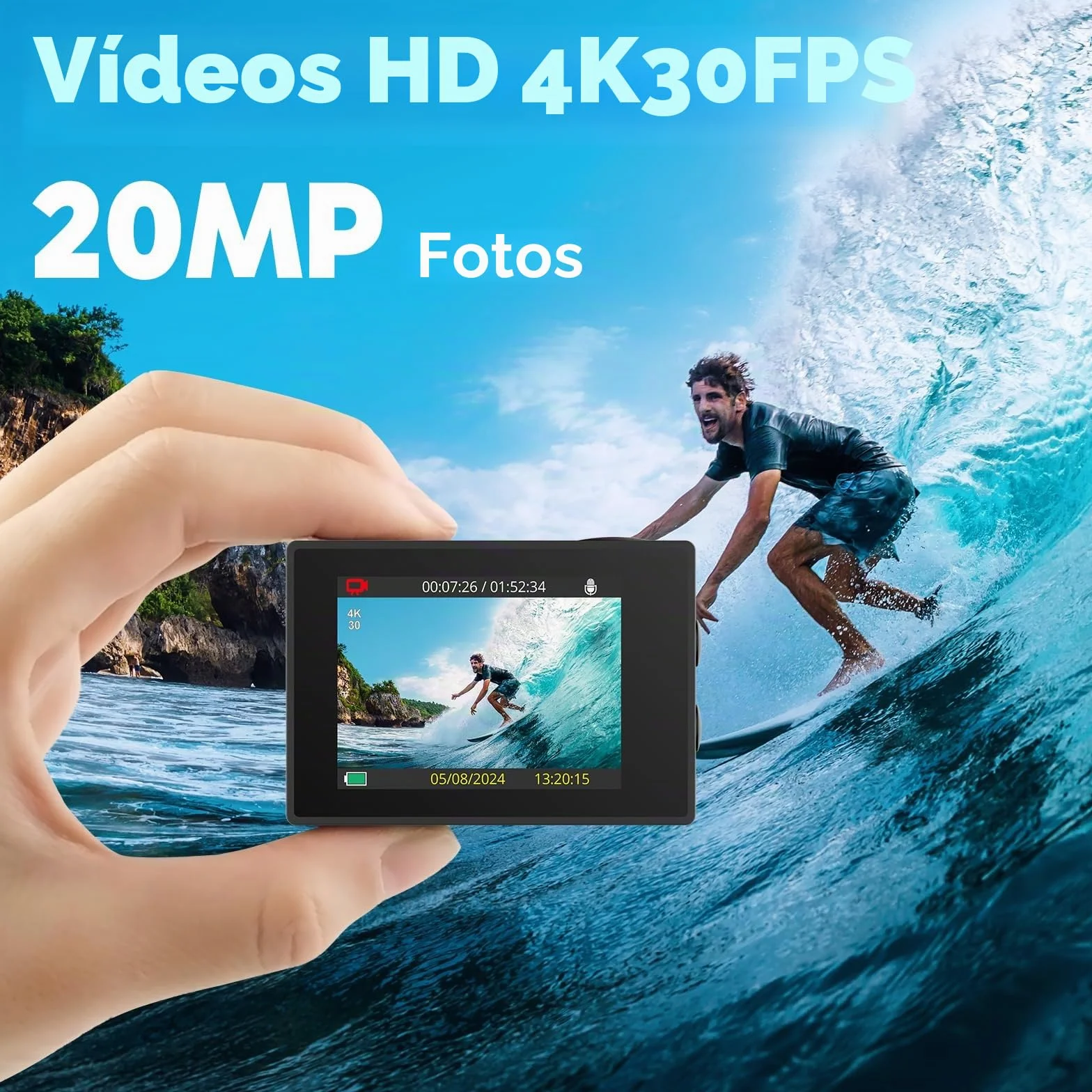 AKASO Pack de Buceo EK7000 Cámara Deportiva 4K 20MP WiFi Cámara de Acción para Surf y Buceo Camara Acuatica Sumergible con Empuñadura Flotante Impermeable, Bolsa de Almacenamiento, 2 Baterías
