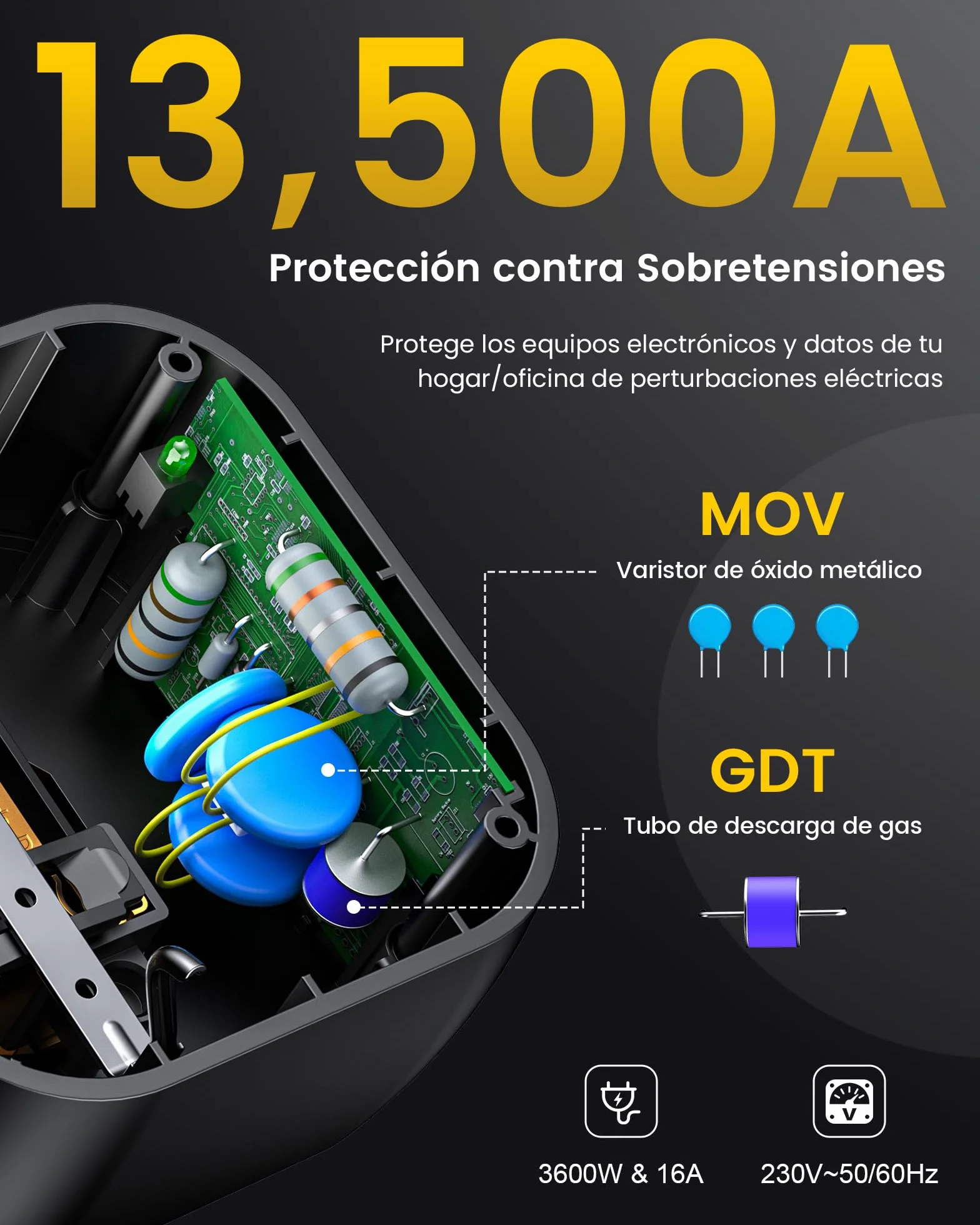LENCENT Adaptador Enchufe de Protección contra Sobretensiones hasta 13.500A, Enchufe Multiple Pared Toma de Torriente de Protección para Toma de Tierra (3600 W 16 A)