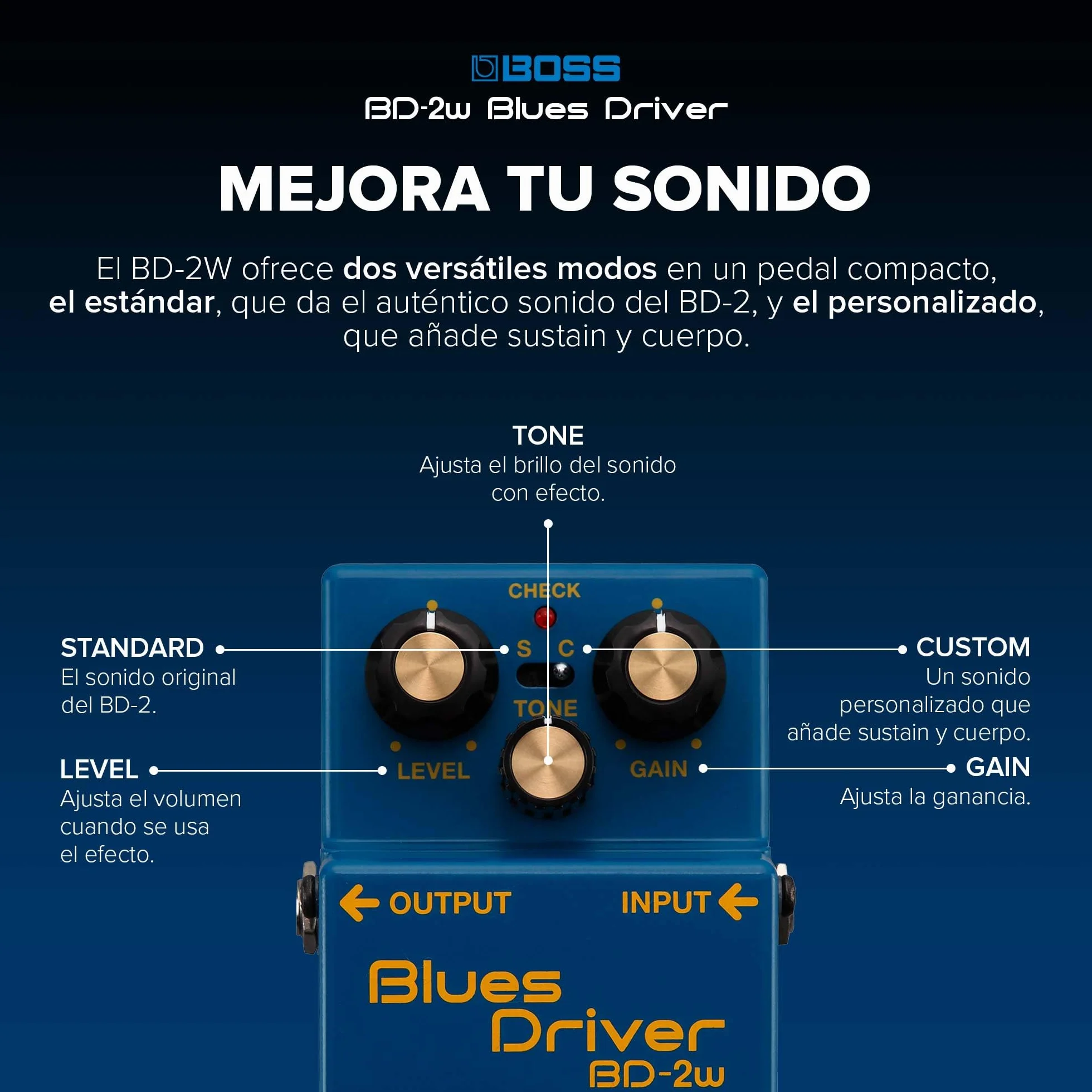 BOSS BD-2W Blues Driver | Pedal de efecto de guitarra Waza Craft prémium con circuitería analógica | Reproducción auténtica del legendario BD-2 Blues Driver | Modos de interpretación Standard y Custom