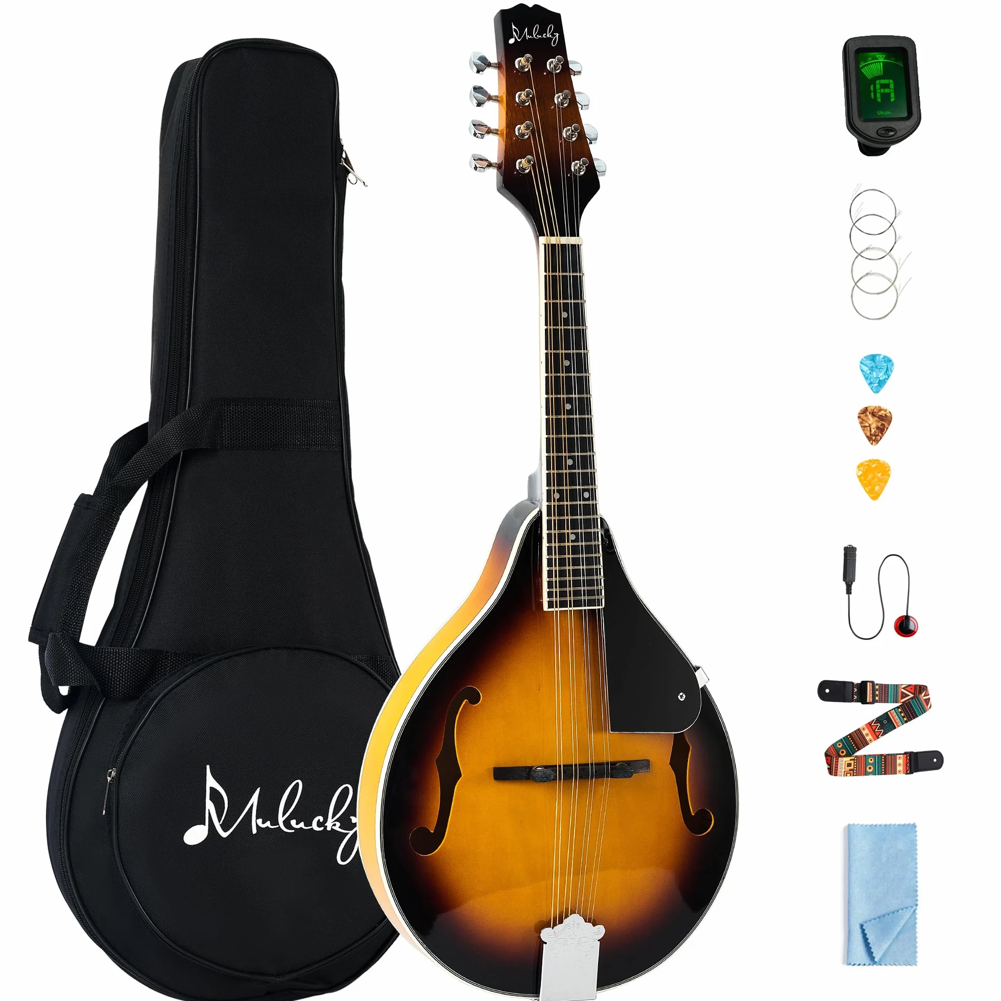 Mulucky Instrumento de mandolina de estilo A, mandolina acústica de 8 cuerdas para principiantes, kit de instrumentos musicales de madera de caoba ML-A-S con bolsa de concierto, afinador digital