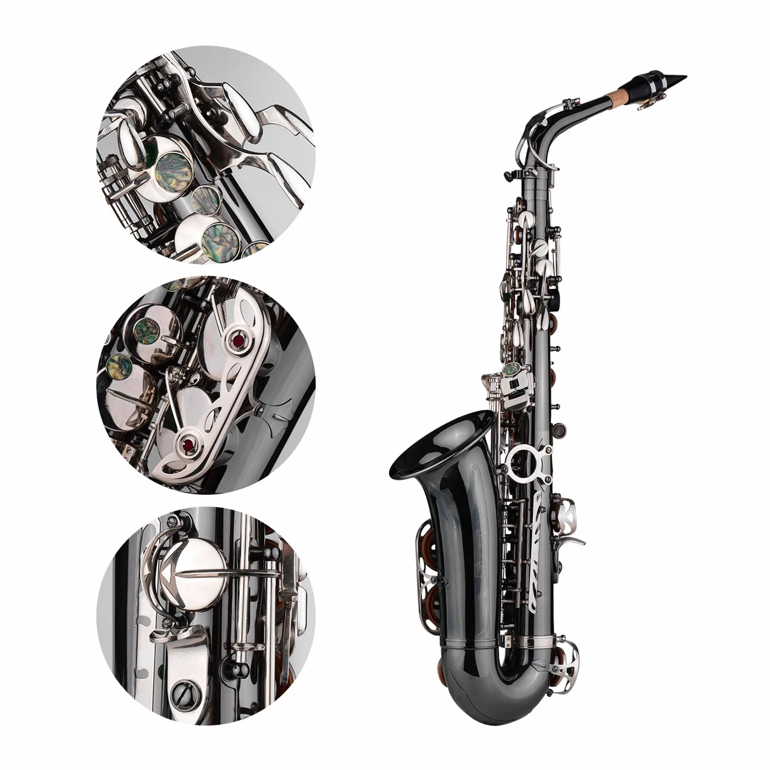 Btuty Saxofones Latón Bend Eb E-flat Alto Saxofón Niquelado negro Abalone Shell Llaves con estuche de transporte Guantes Paño de limpieza Correas Cepillo