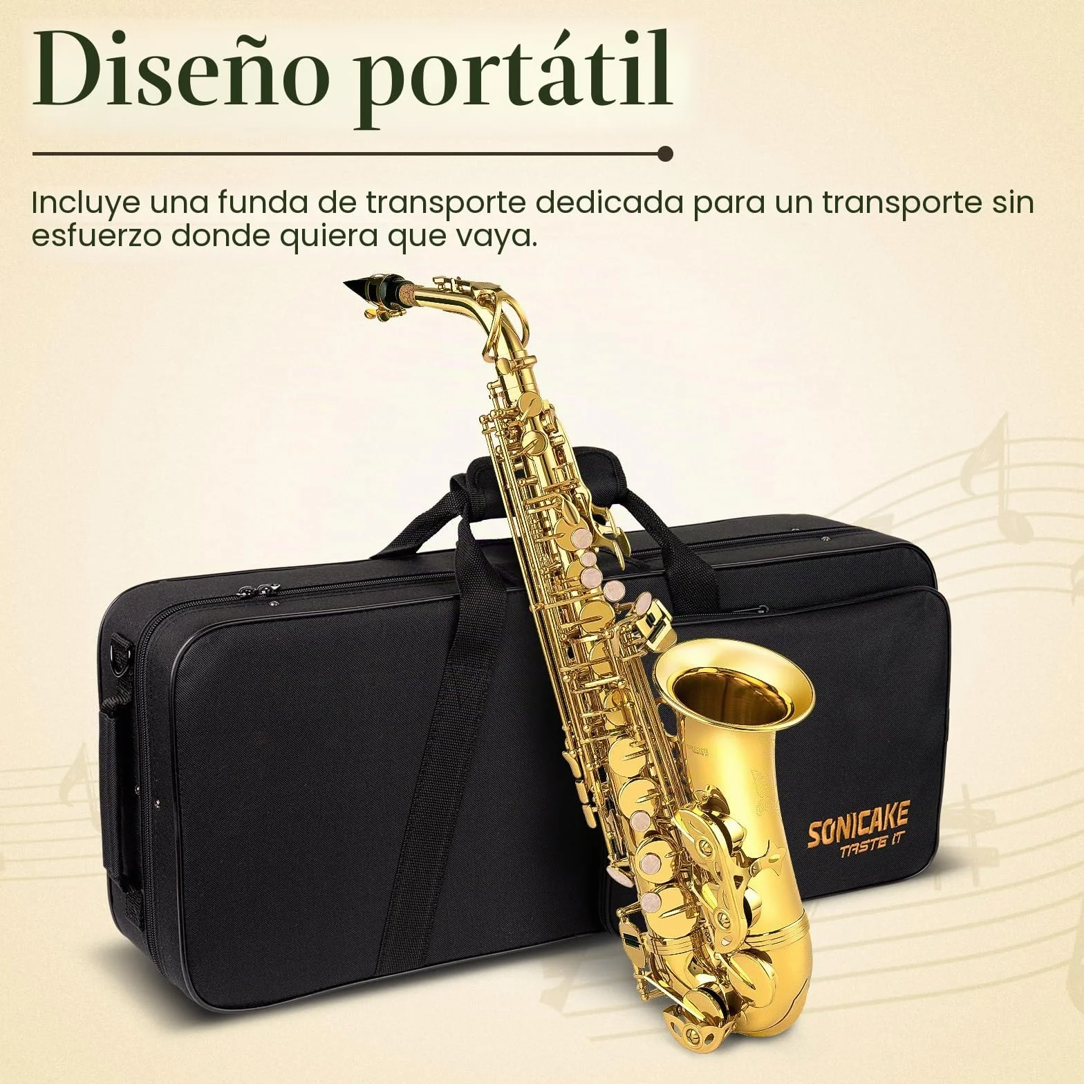 SONICAKE Saxofón Alto Mi bemol Barnizado en Oro, Kit completo para principiantes con estuche, boquilla, cañas, soporte y accesorios QSX-01