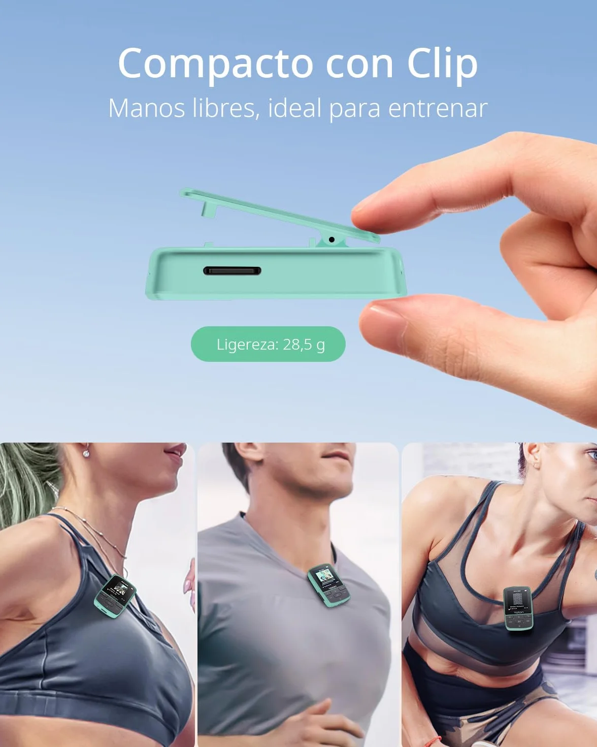 Yoton Reproductor MP3 Bluetooth 5.2 Mini HiFi Music Player Clip Deportivo Portátil Verde Auriculares Incluidos