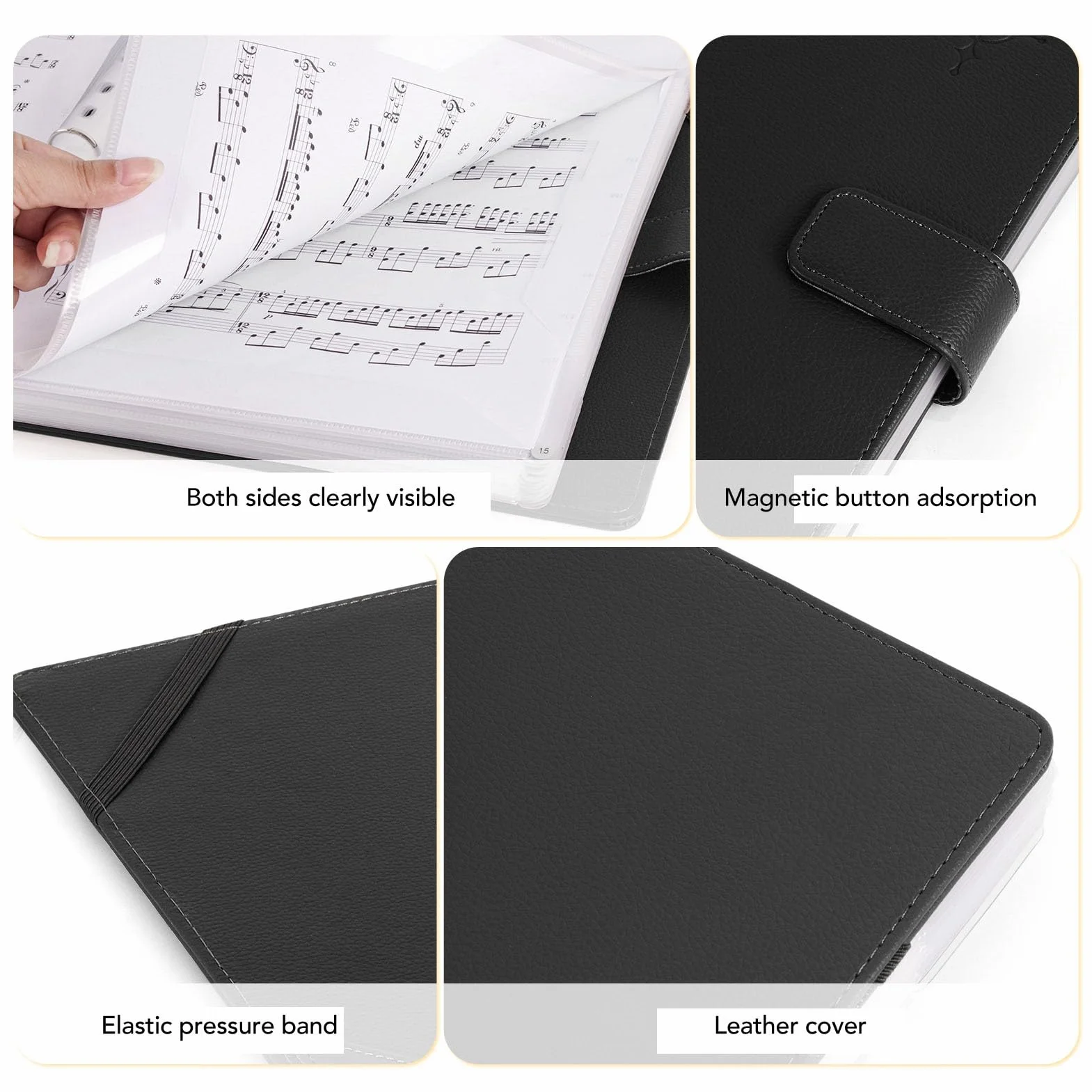 Carpeta de Partituras Portátil Durable, A4, Con Números de Página, PVC de Cuero PU, Negro, para Banda, Orquesta y Coro, Profesionales Musicales y Estudiantes.
