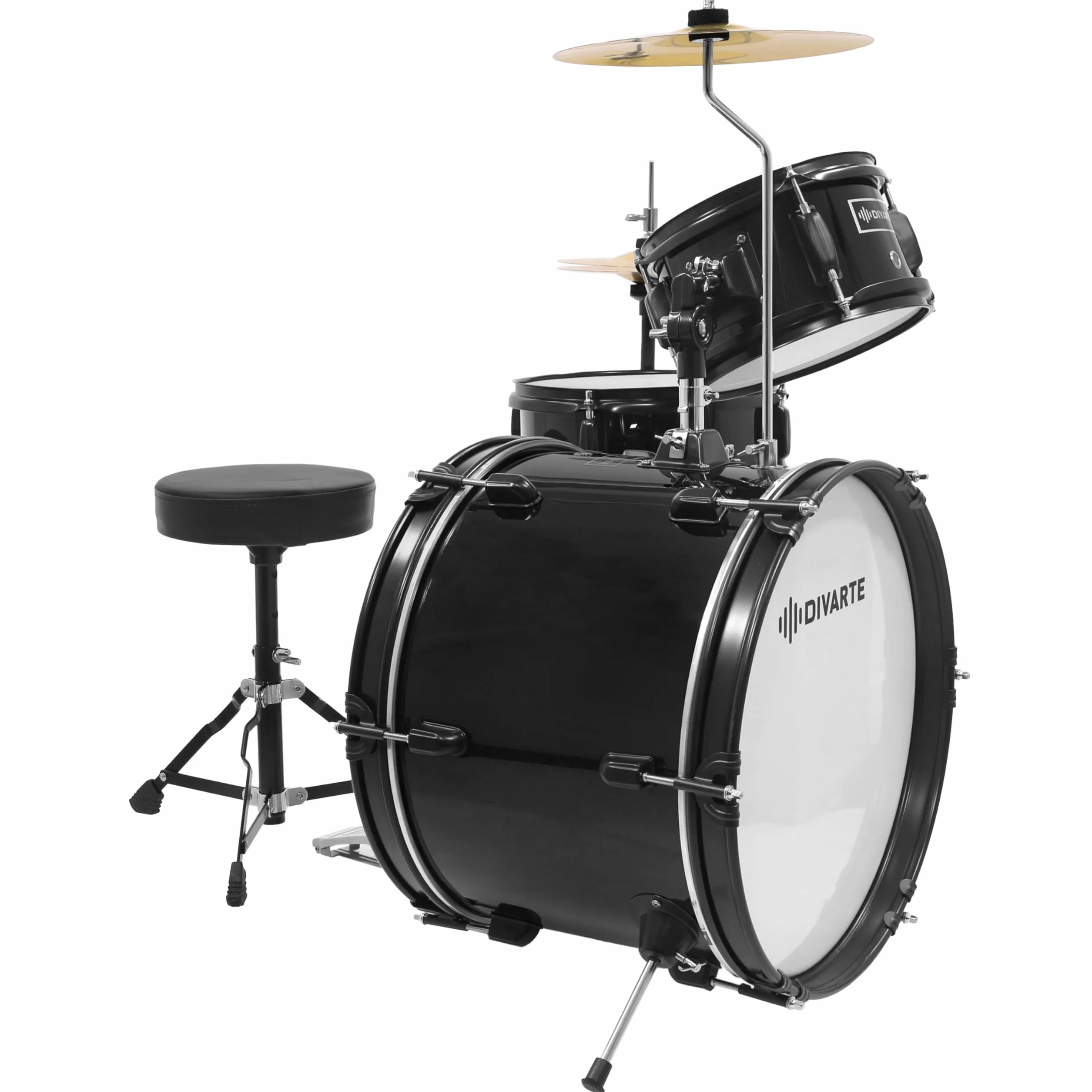 Junior DrumSet Black,Kit de batería ajustable negro para niños, a partir de 6 años, juego de batería acústica para principiantes con asiento ajustable, pie de charleston y palillos incluidos.