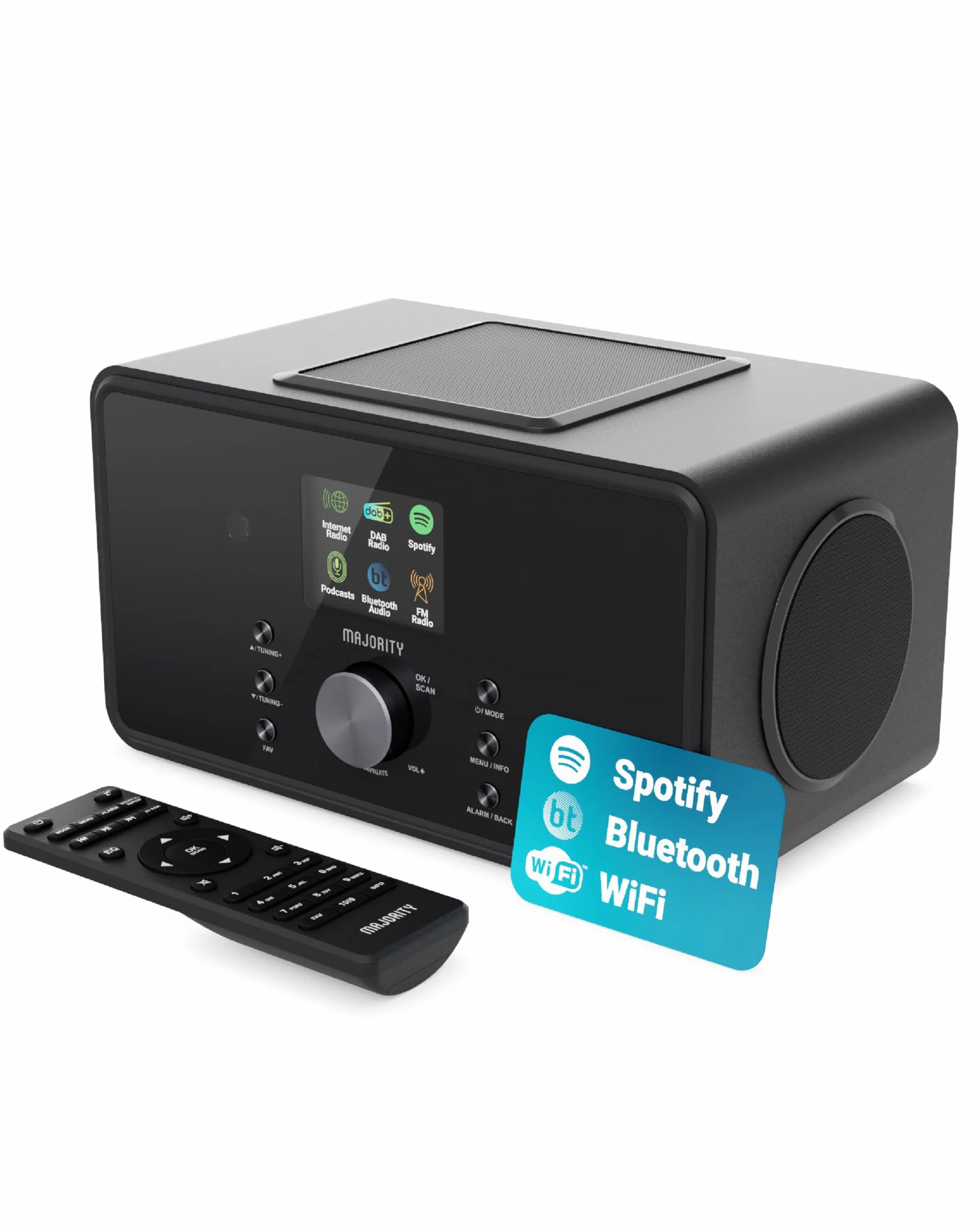 MAJORITY Bard Radio Internet con Dab+ | 2.1 100W Estéreo con Subwoofer Incorporado | Radio WiFi con Bluetooth & Despertador | Spotify Connect, Podcasts, FM, 90 Preajustes | Mando a Distancia (Negro)